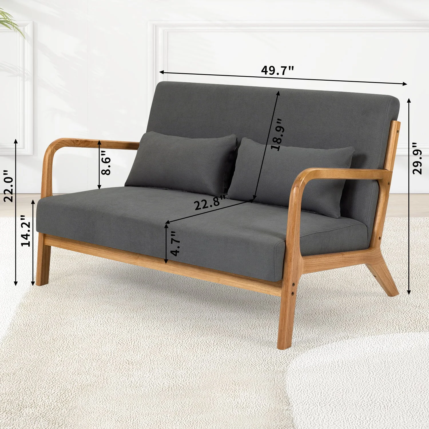 Leisure Chair With Solid Wood Armrest And Feet, Mid-Century Modern Accent Sofa, 2 Seat - Image 7