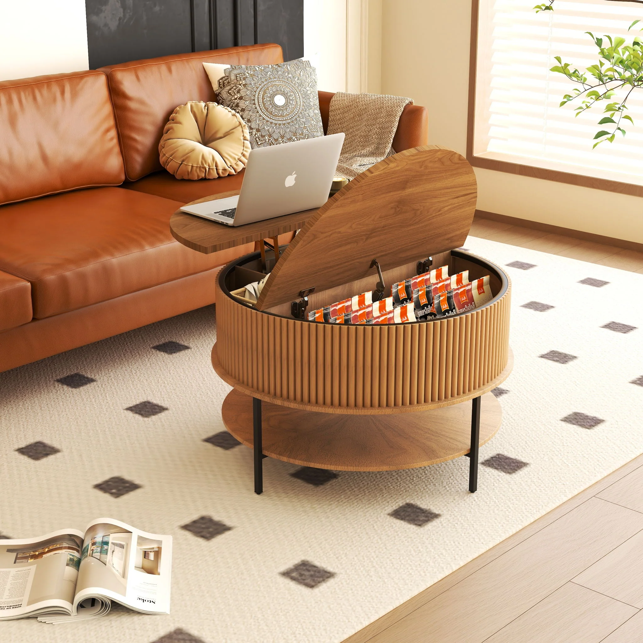Lift Top Coffee Table, Round Storage Cocktail Table With Reinforced Legs, Safe Rounded Design - Brown - Image 3