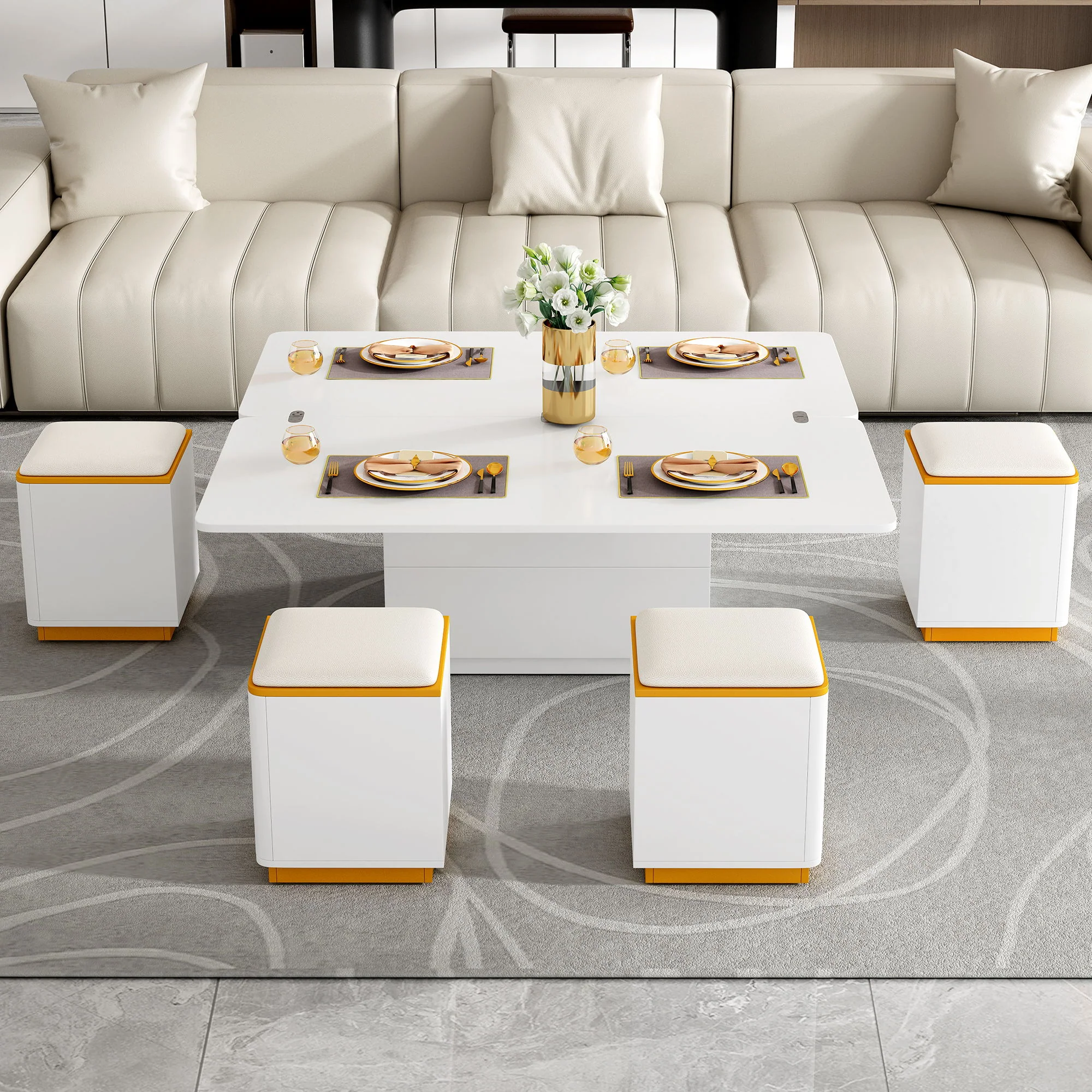 Lift Top Coffee Table With 4 Storage Stools - Image 3
