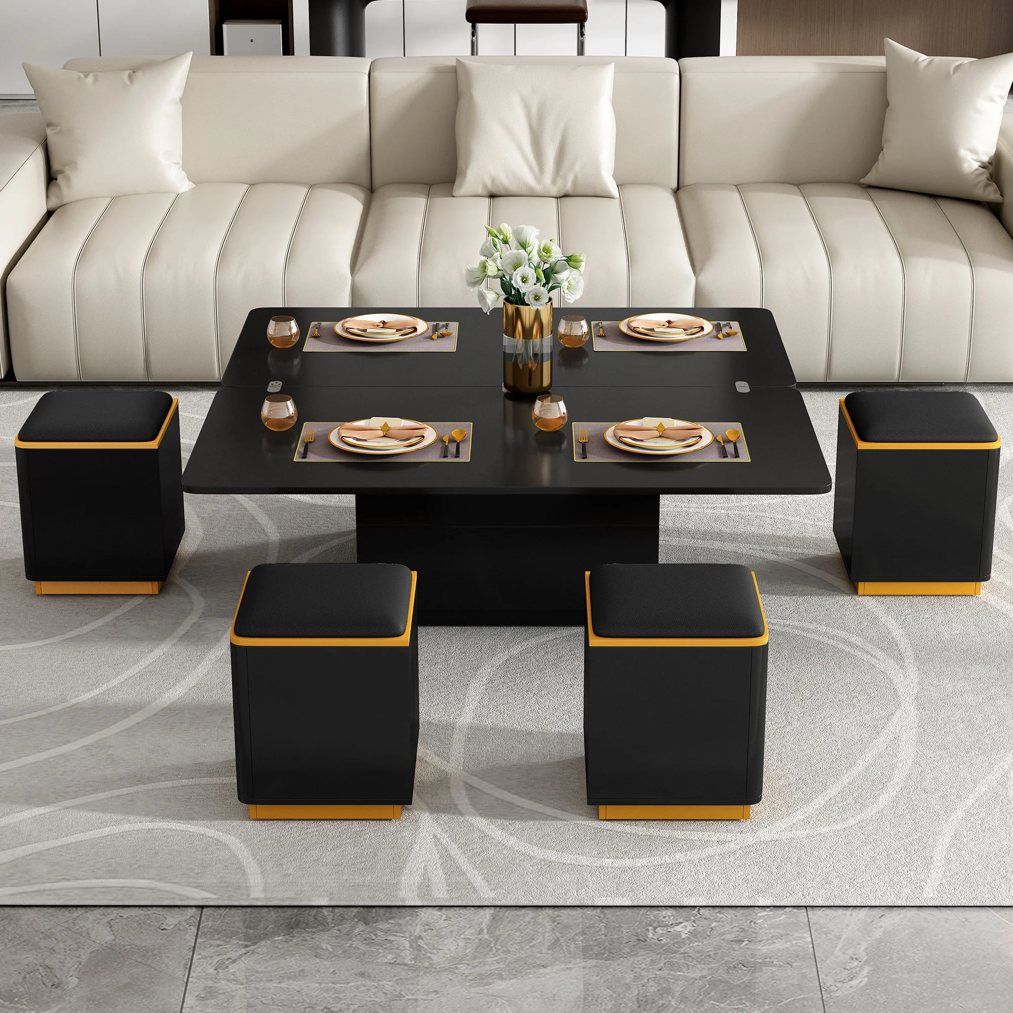 Lift Top Coffee Table With 4 Storage Stools - Image 5