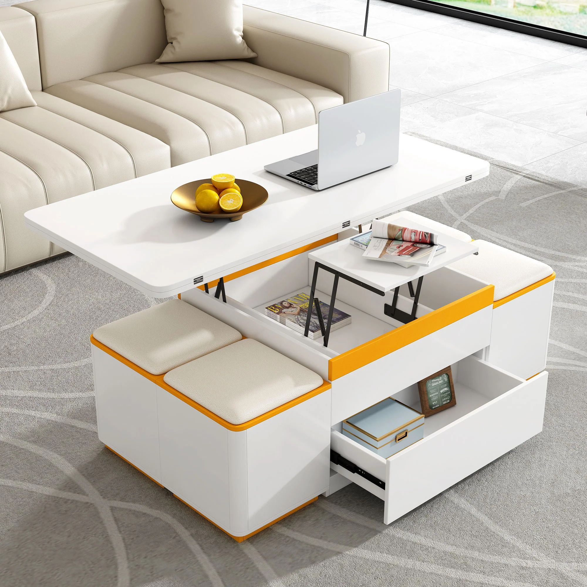 Lift Top Coffee Table With 4 Storage Stools - Image 6