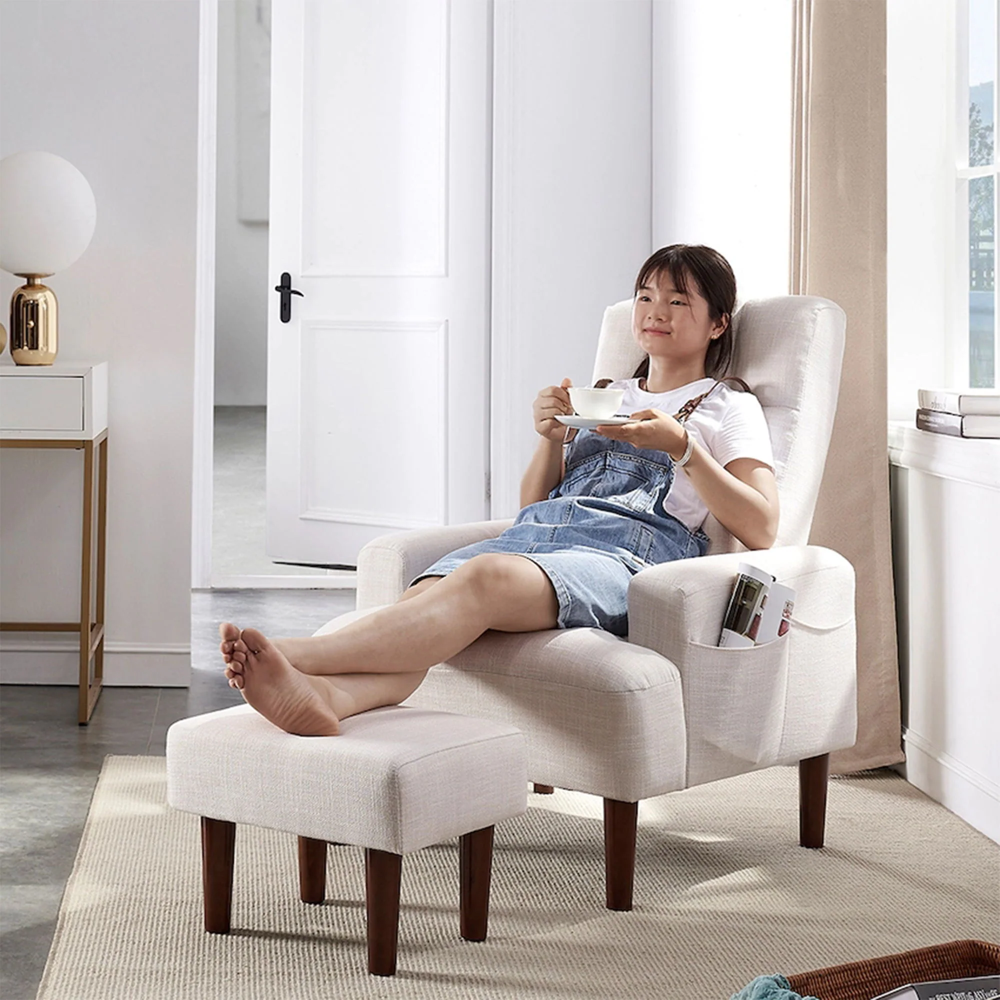 Living Room Sofa Single Chair And Ottoman, Modern Multi-Function Fabric Living Room Sofa Lounge Chair Bed And Stool. Soft Leisure Single Chair Adjustable Into 5 Angles With Sofa Bed - Image 7