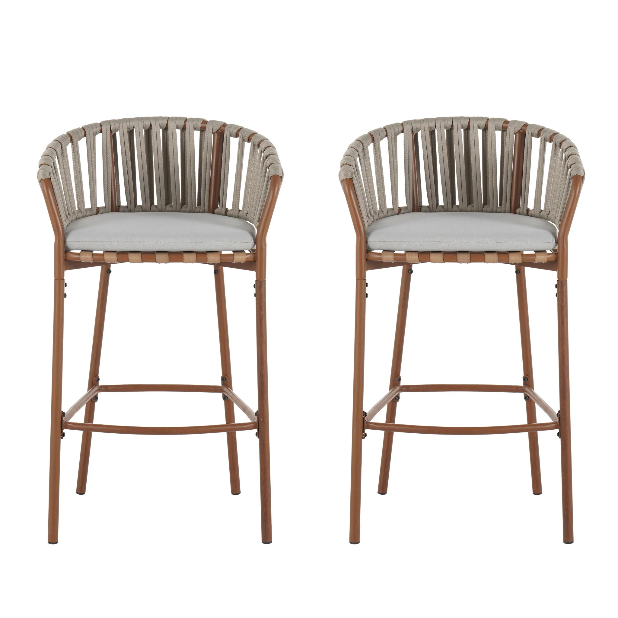 Lodi - Outdoor Matal Rope Barstool, Teak / Beige (Set of 2) - Teak / Beige - Image 2