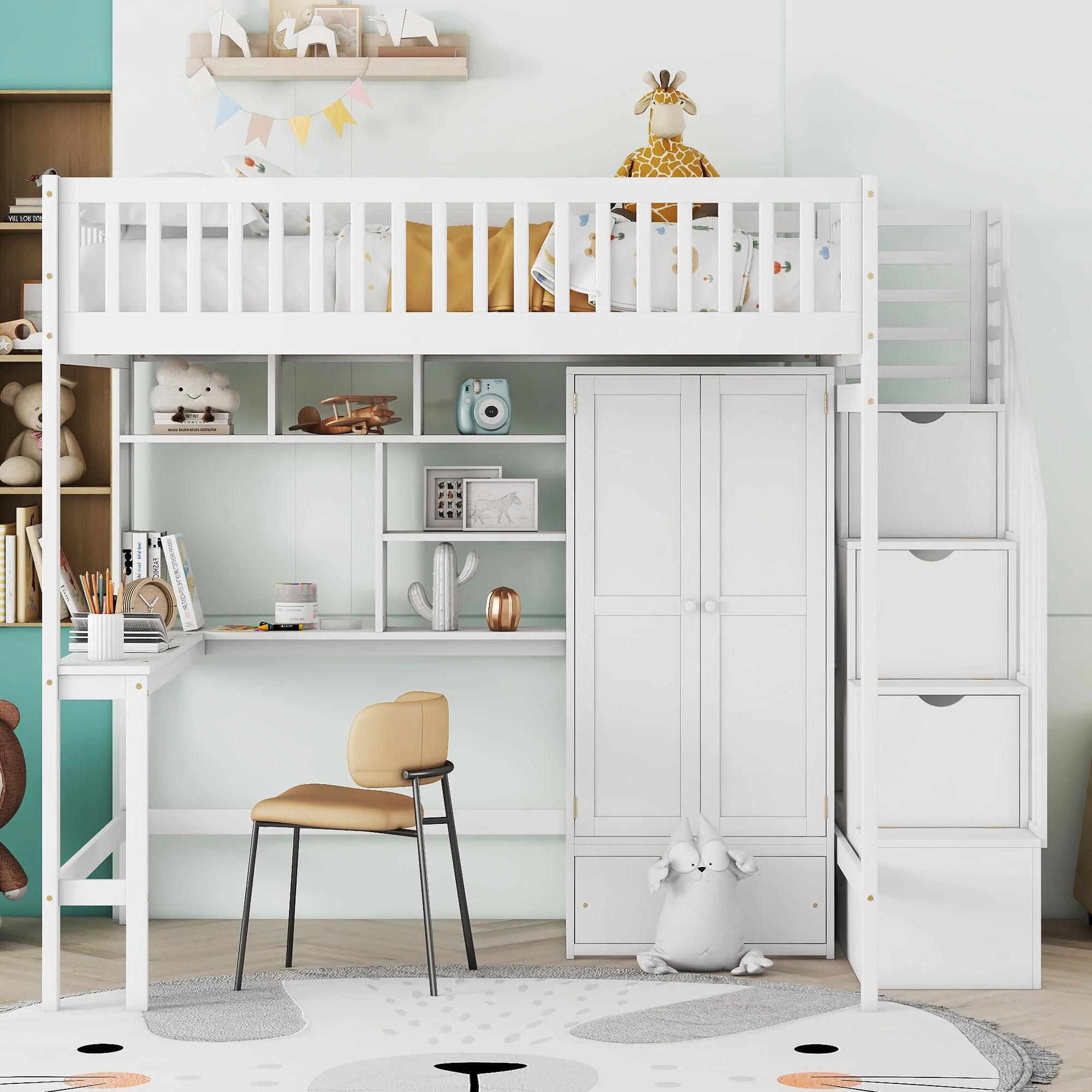 Loft Bed With Bookshelf, Drawers, Desk, And Wardrobe - Image 12