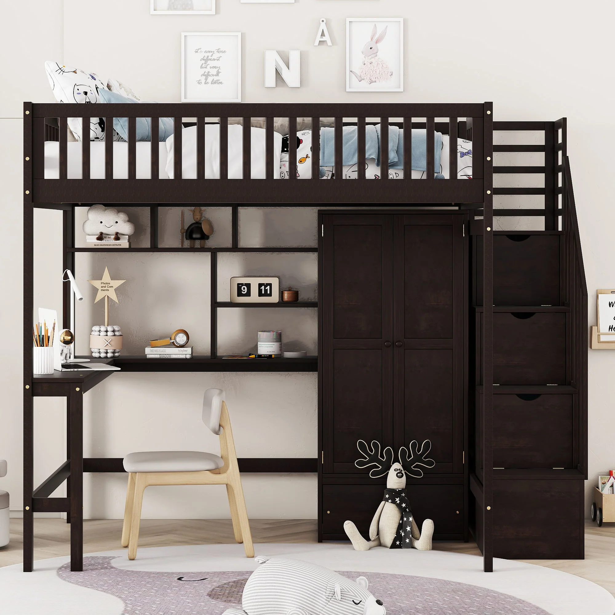 Loft Bed With Bookshelf, Drawers, Desk, And Wardrobe - Image 9