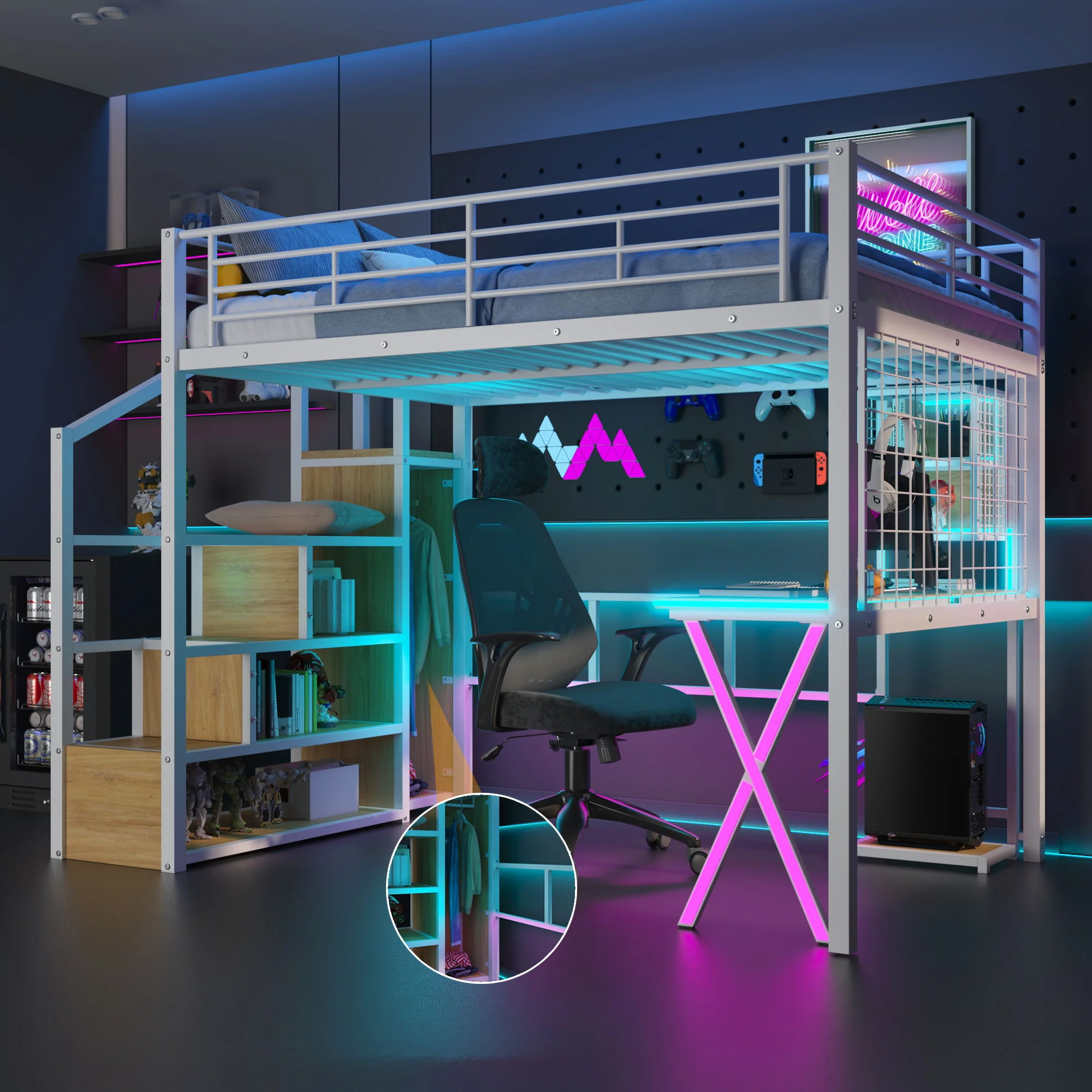 Loft Bed With Built In Work Station, Wardrobe, Storage Staircase And LED - Image 7