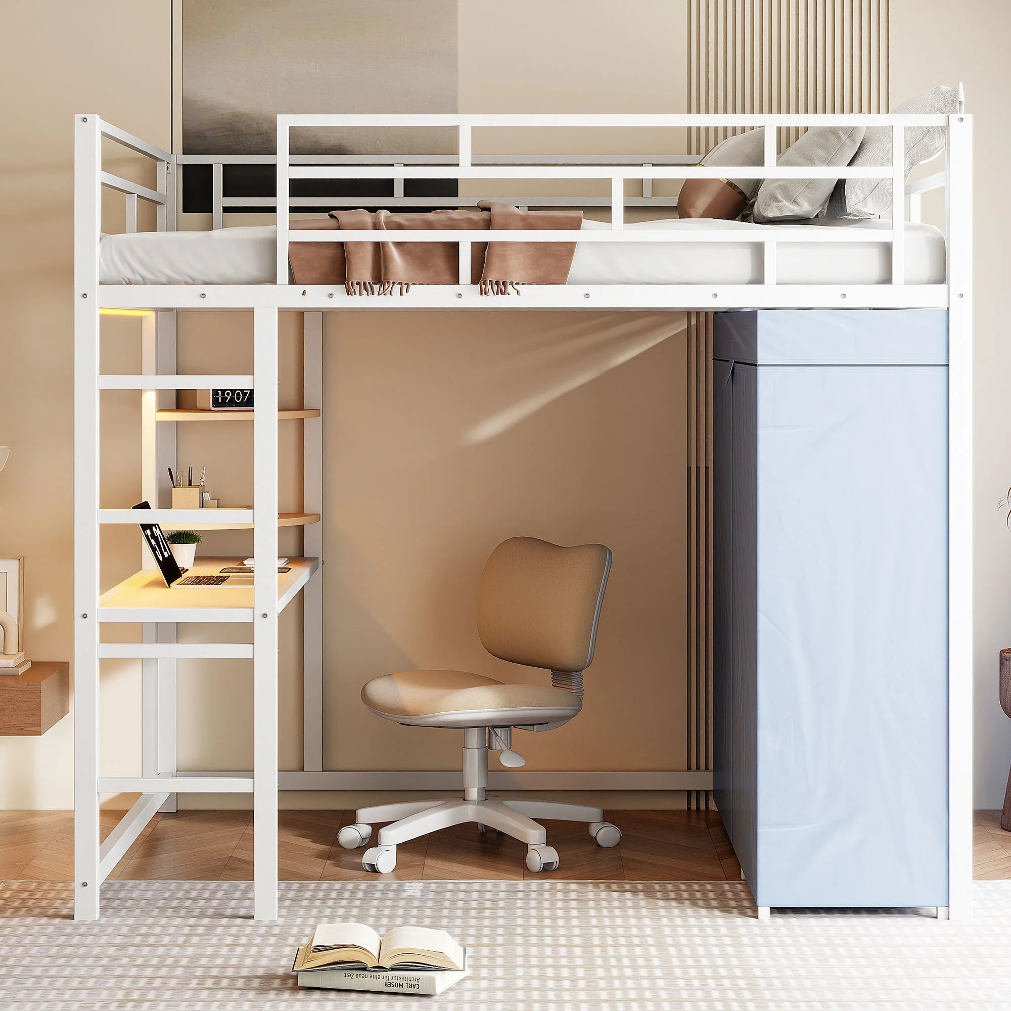 Loft Bed With Desk, Shelves, Power Outlet, LED Light And Wardrobe - Image 12