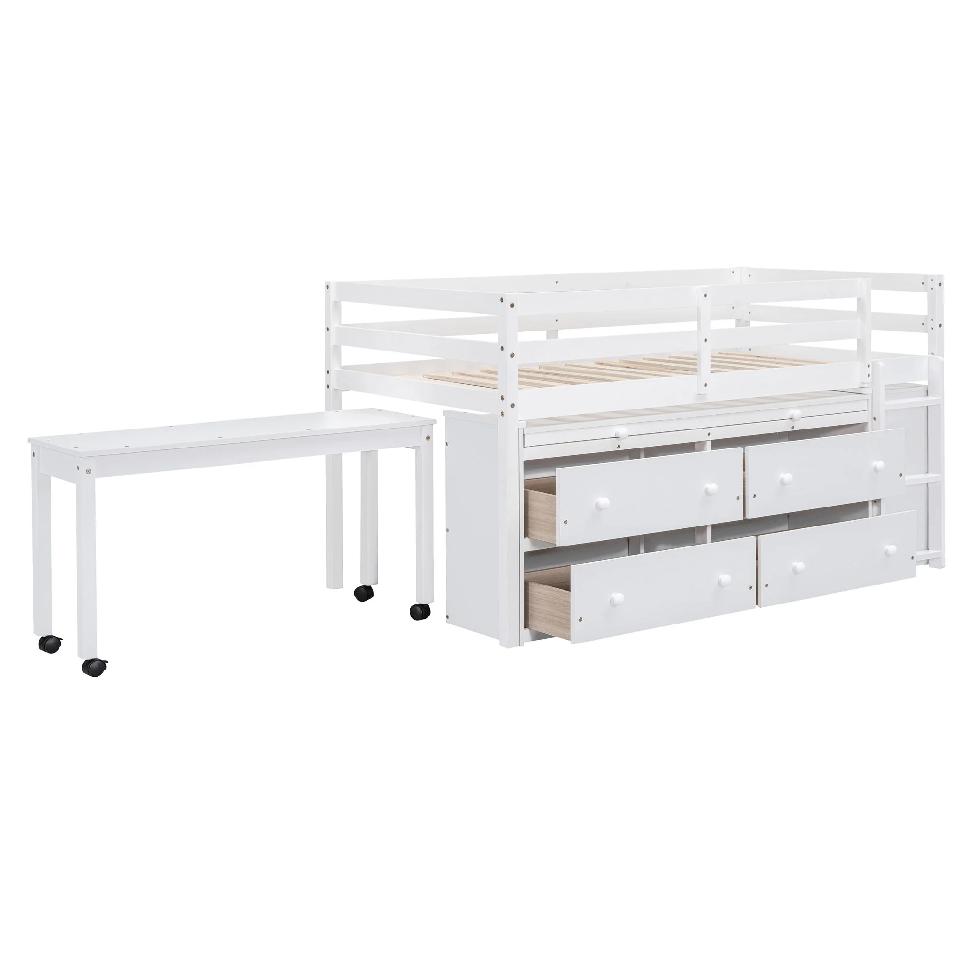 Loft Bed With Retractable Writing Desk And 4 Drawers, With Lateral Portable Desk And Shelves - Image 10