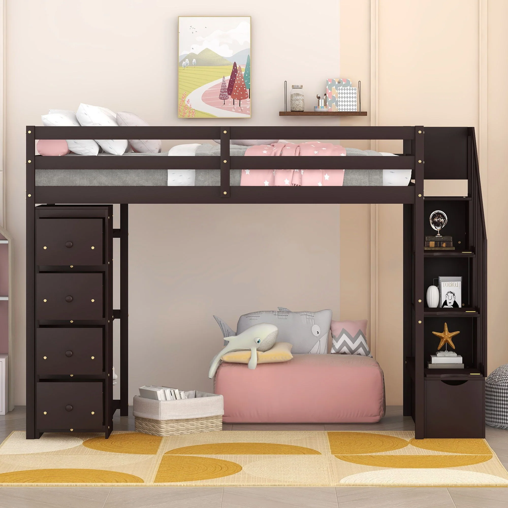 Loft Bed With Storage Drawers And Stairs With Shelves - Image 8