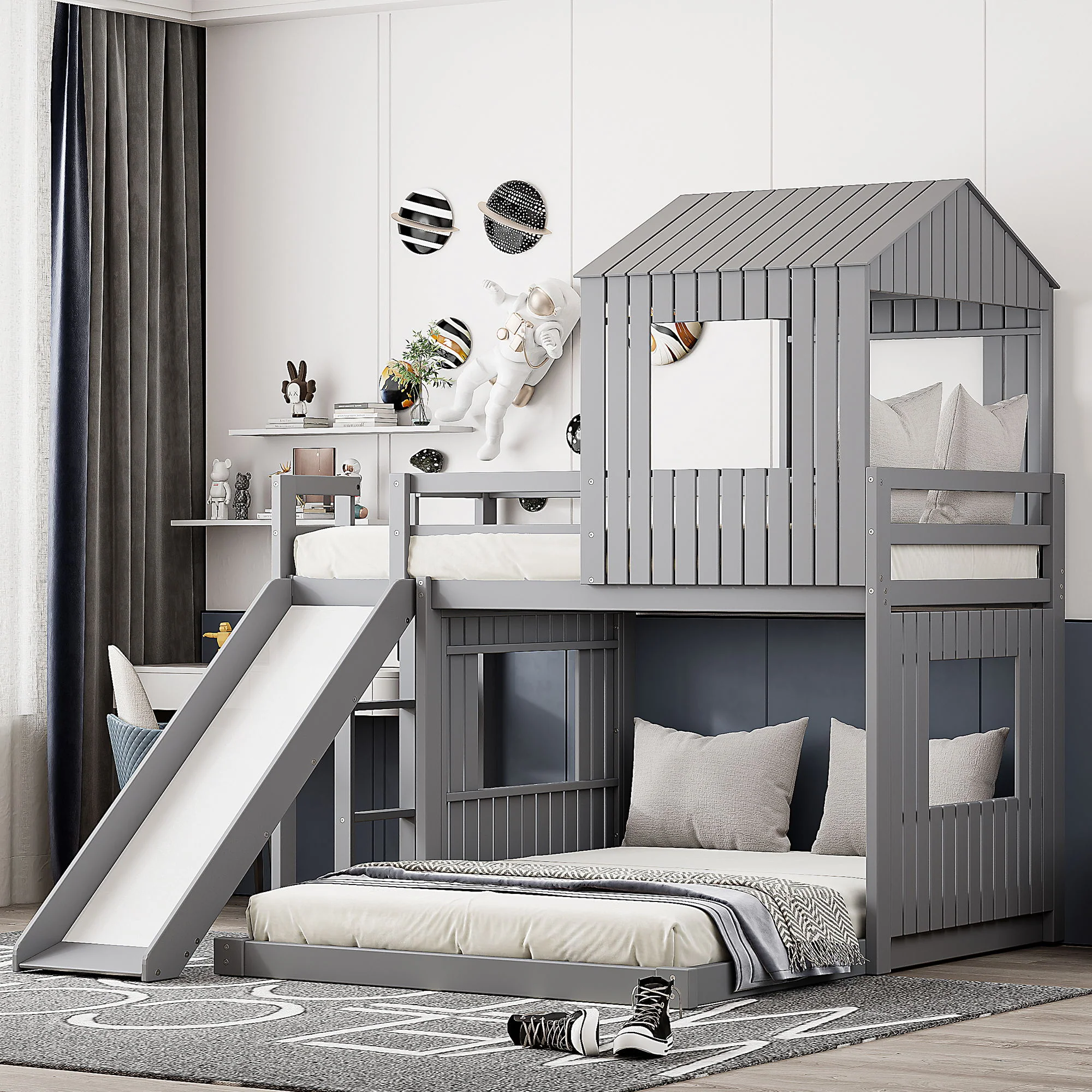 Loft Bunk Bed With Playhouse, Farmhouse, Ladder, Slide And Guardrails - Image 2