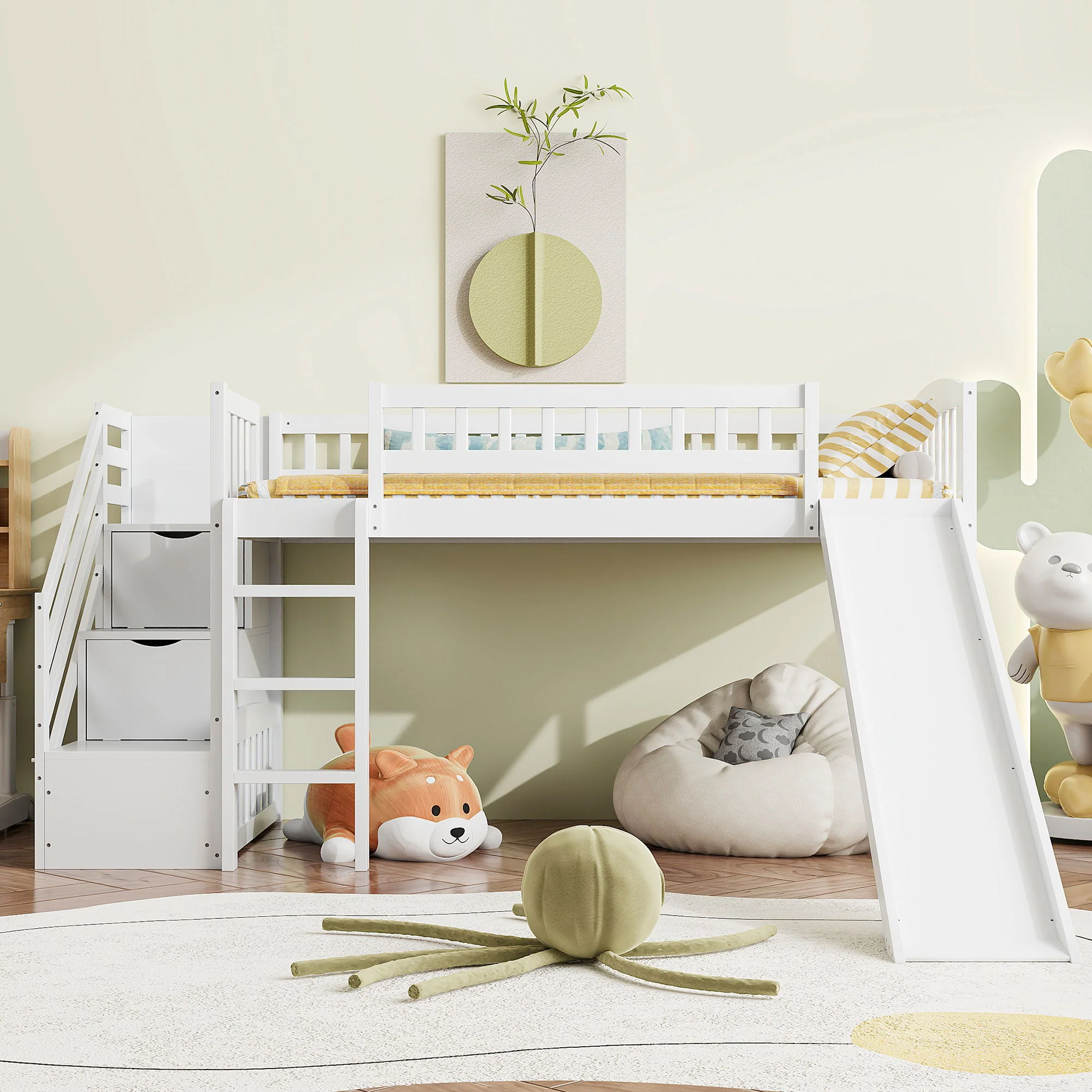 Loft Stairway Bed With 2 Drawers, Convertible Ladder And Slide - Image 7