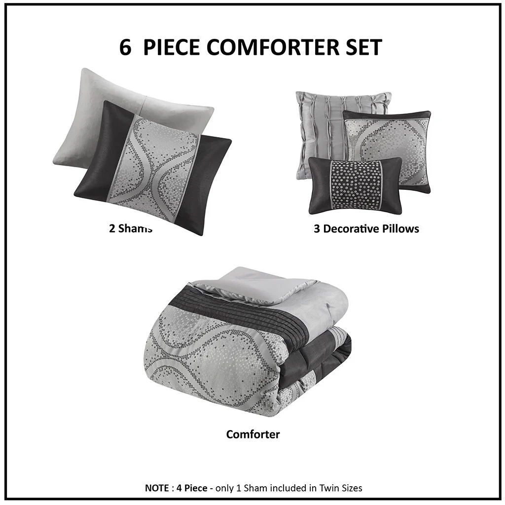 Lori - 6 Piece Jacquard Comforter Set With Throw Pillows - Black / Silver - Image 3