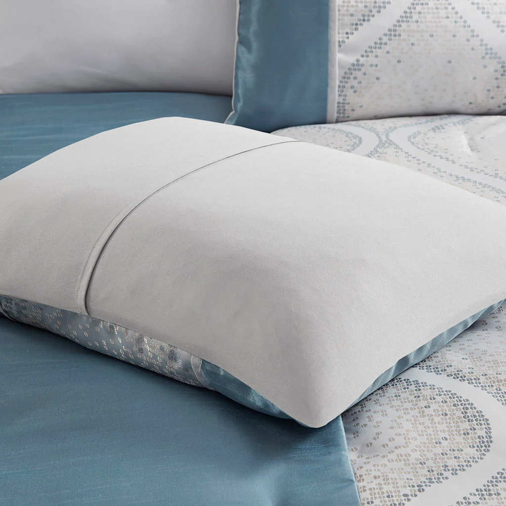 Lori - 6 Piece Jacquard Comforter Set With Throw Pillows - Teal / Silver - Image 2