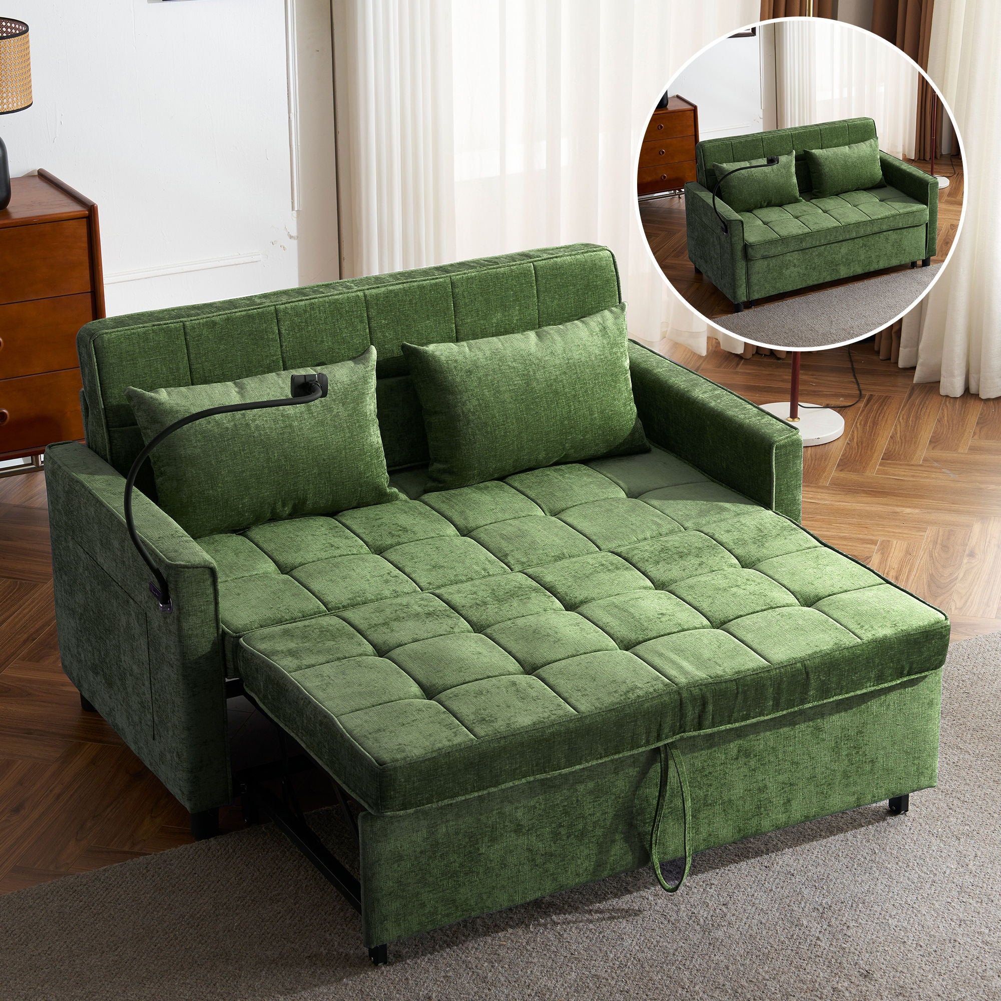 Loveseat Sofa Bed Sleeper With Reversible Backrest, Side Pockets, USB Ports, Phone Holder - Image 3
