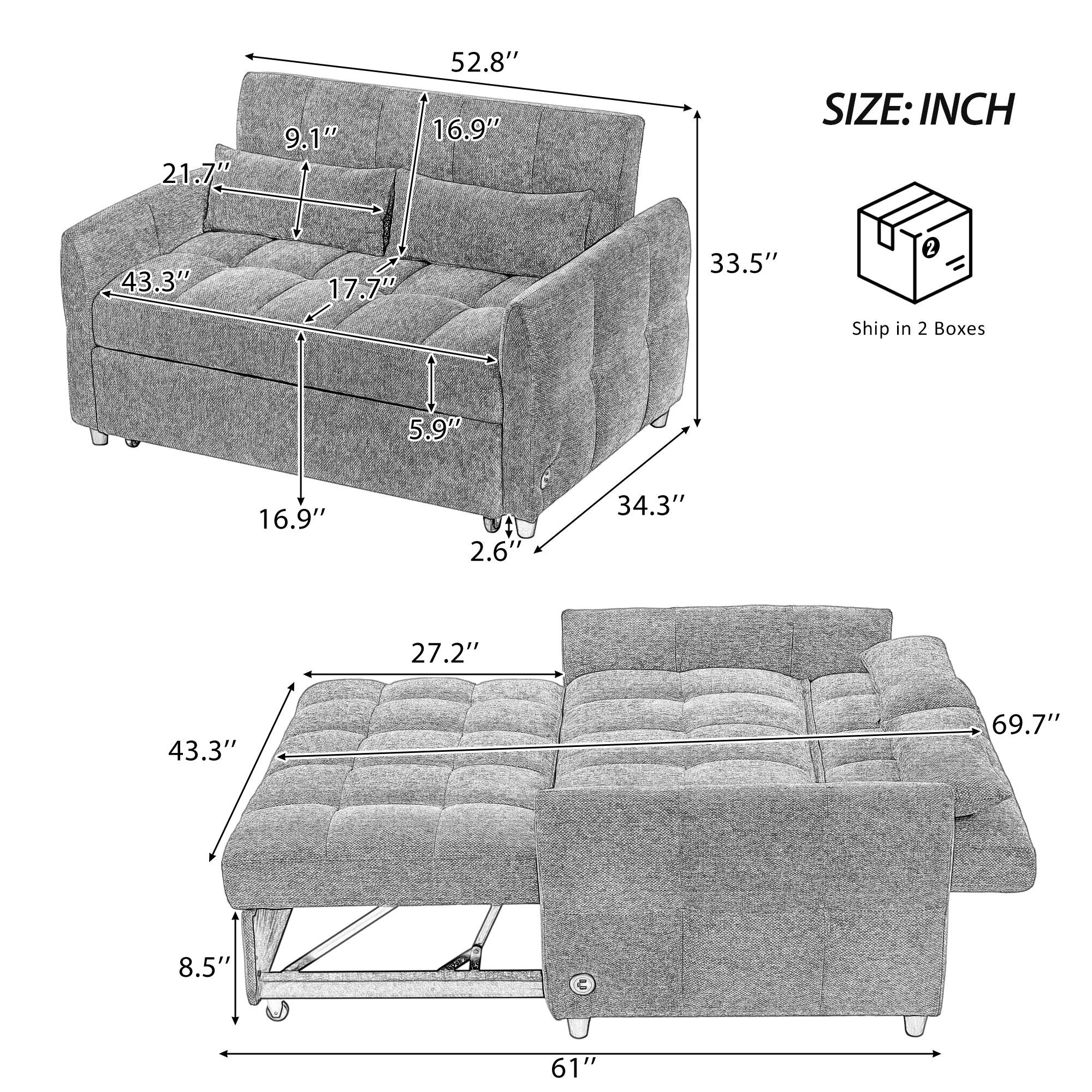 Loveseat Sofa Pull-Out Bed With Adjustable Backrest, 3 USB Ports And 2 Lumbar Pillows For Living Room - Image 9