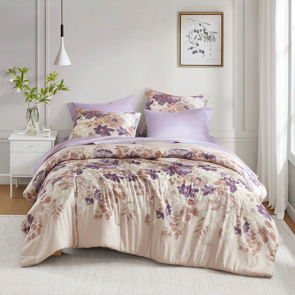 Luna - 7 Piece Queen Floral Comforter Set With Bed Sheets - Taupe - Image 4