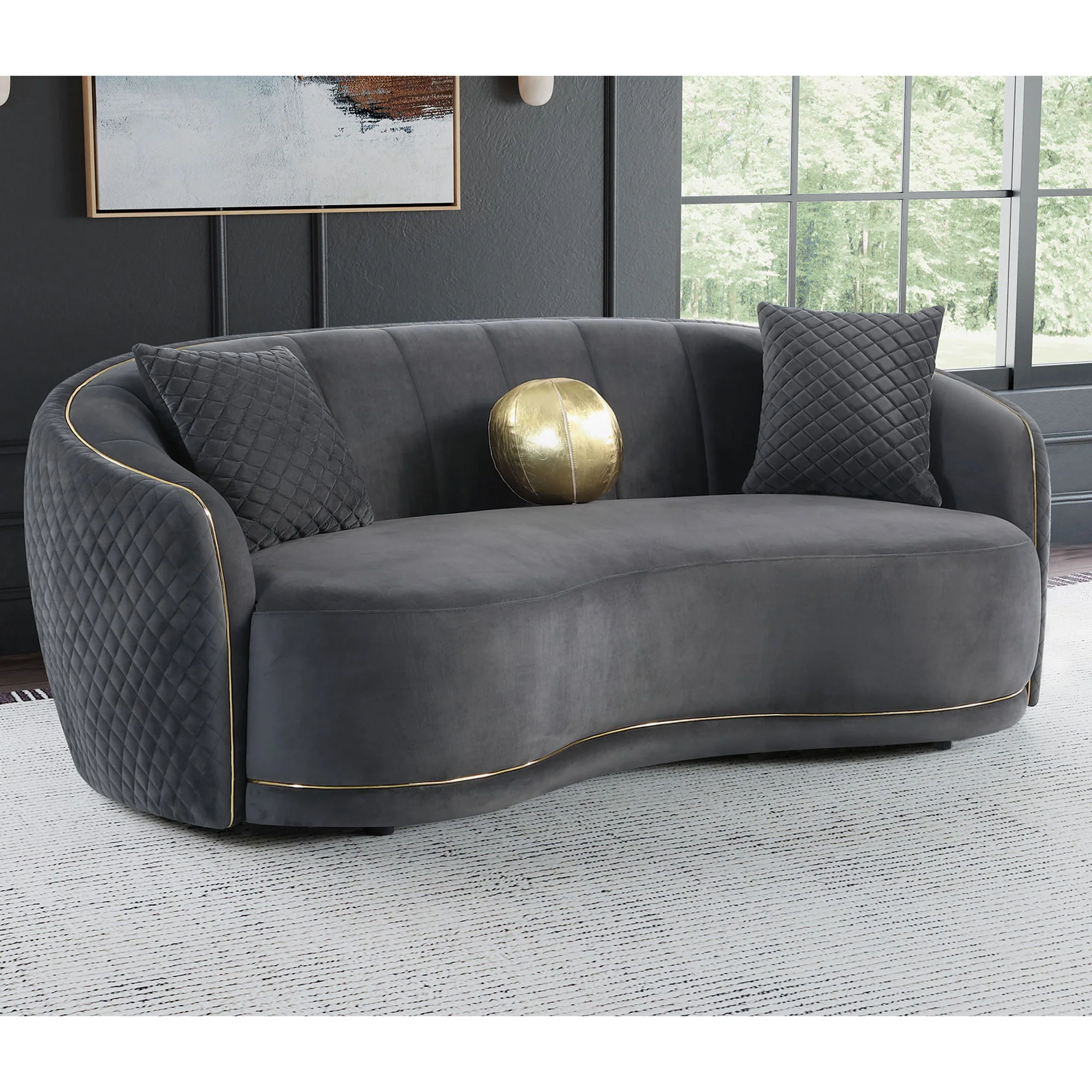 Luxe Upholstered Curved Sofa With Trim And Diamond Quilting - Dark Gray - Image 3