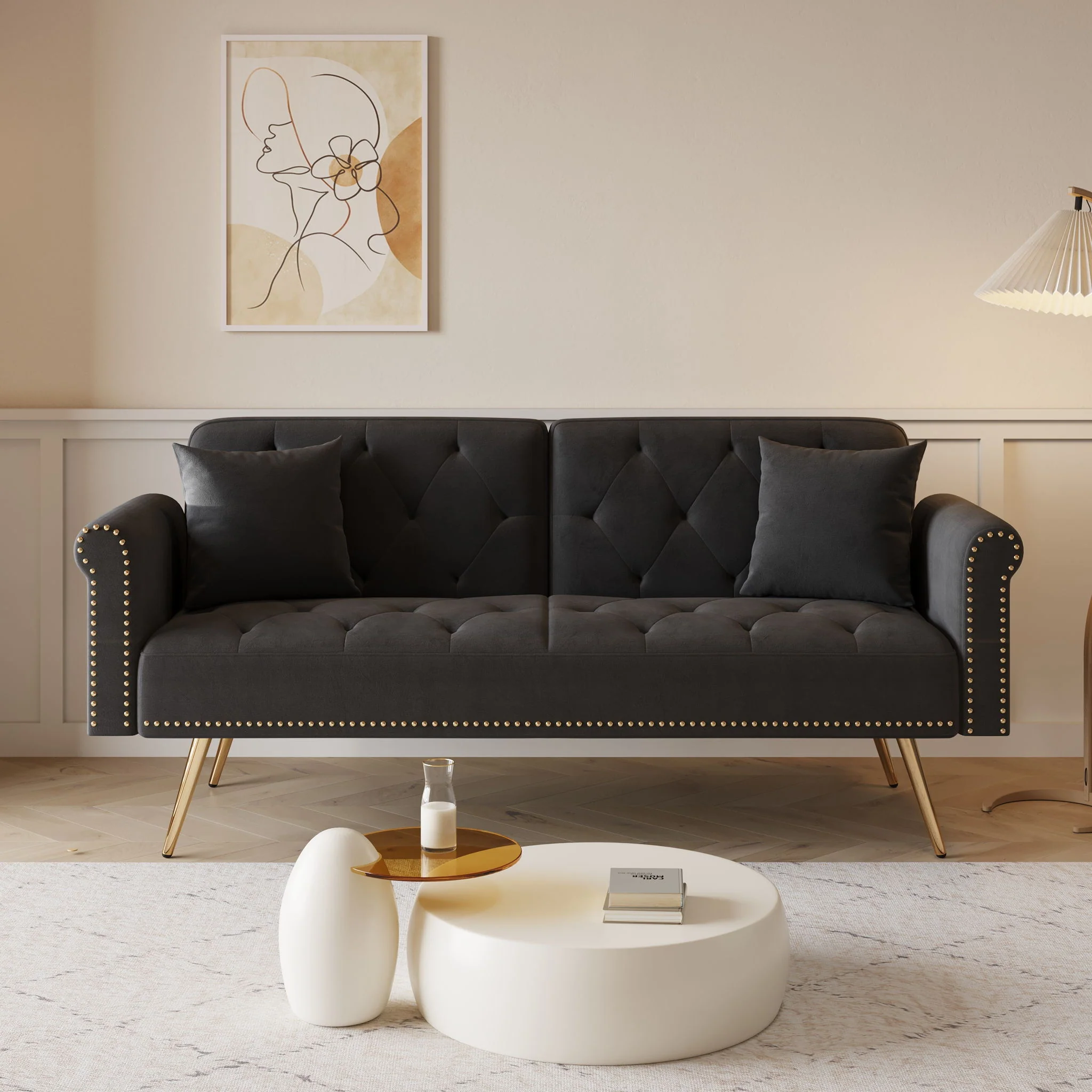 Luxurious Sofa Bed With Nail Head Trim And Matching Pillow - Image 11