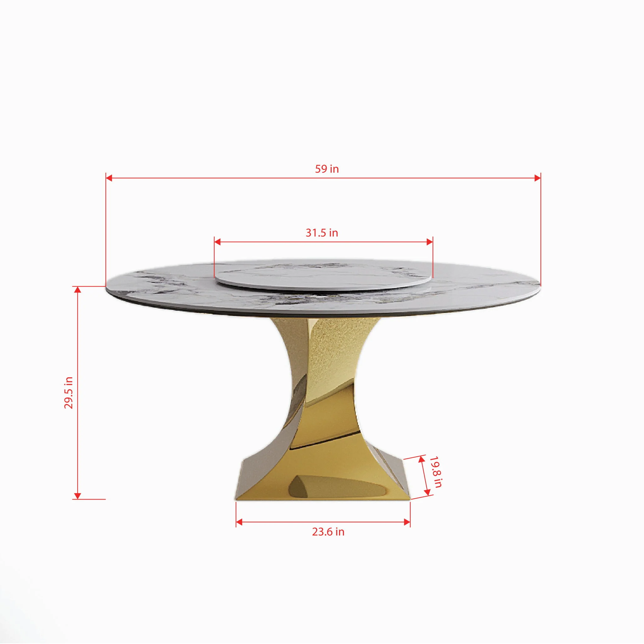 Luxury Round 59" Sintered Stone Dining Table With Stainless Steel Hourglass Base, Scratch & Heat Resistant Surface - Golden / White - Image 4