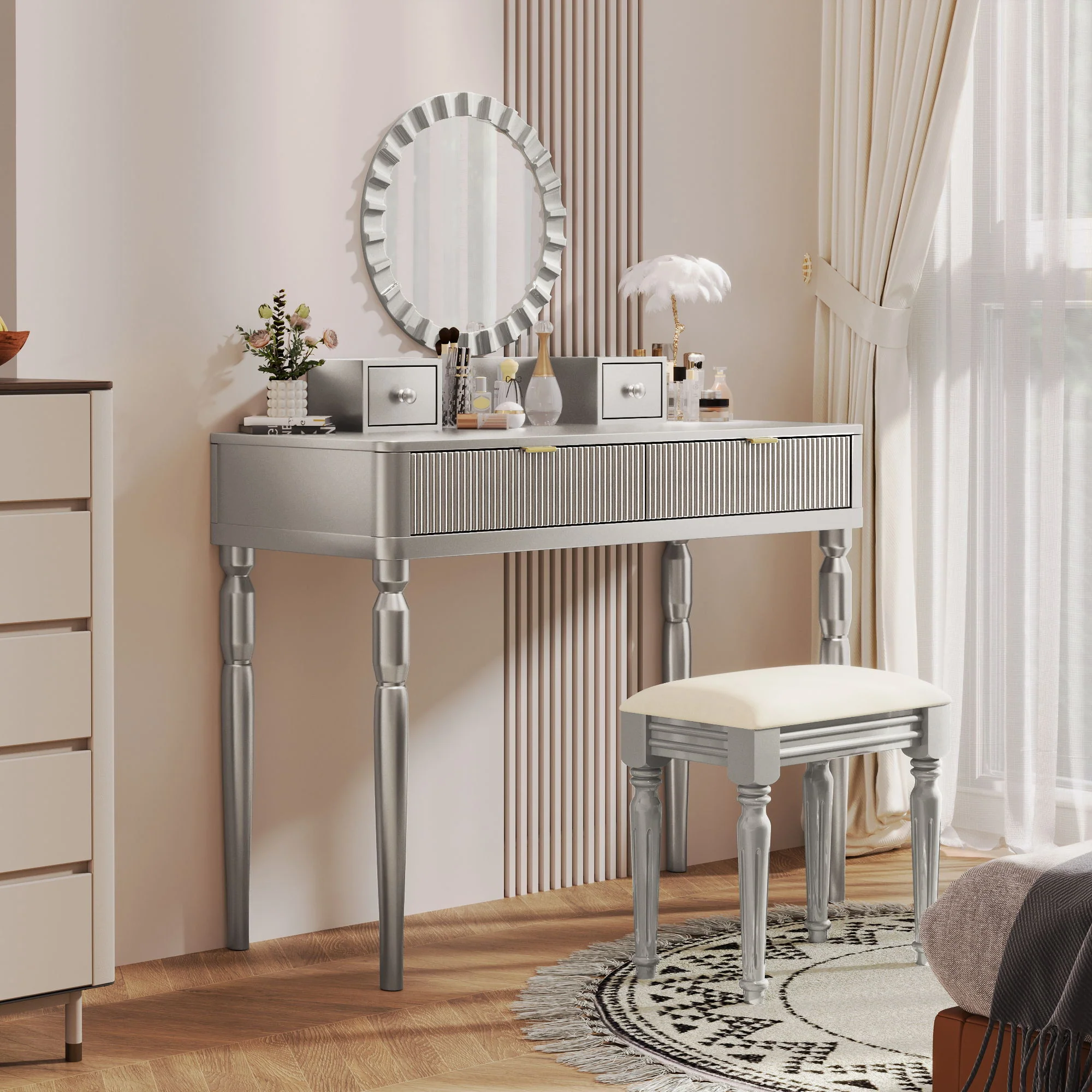 Luxury Vanity Desk With Round Mirror Height Adjustable Dressing Table Set Engineered Wood - Silver - Image 3