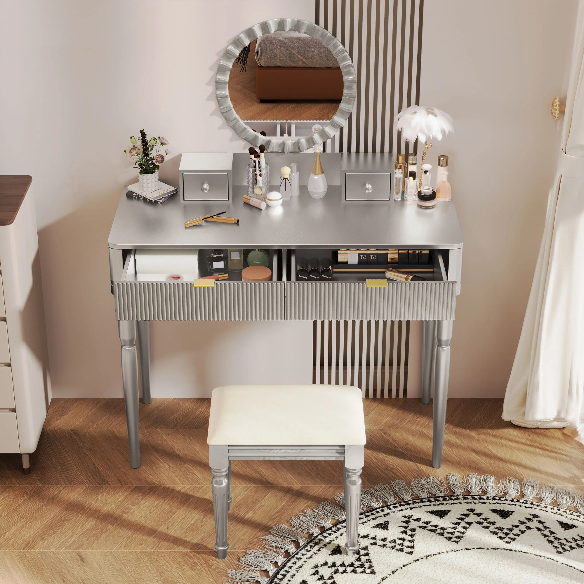 Luxury Vanity Desk With Round Mirror Height Adjustable Dressing Table Set Engineered Wood - Silver - Image 4