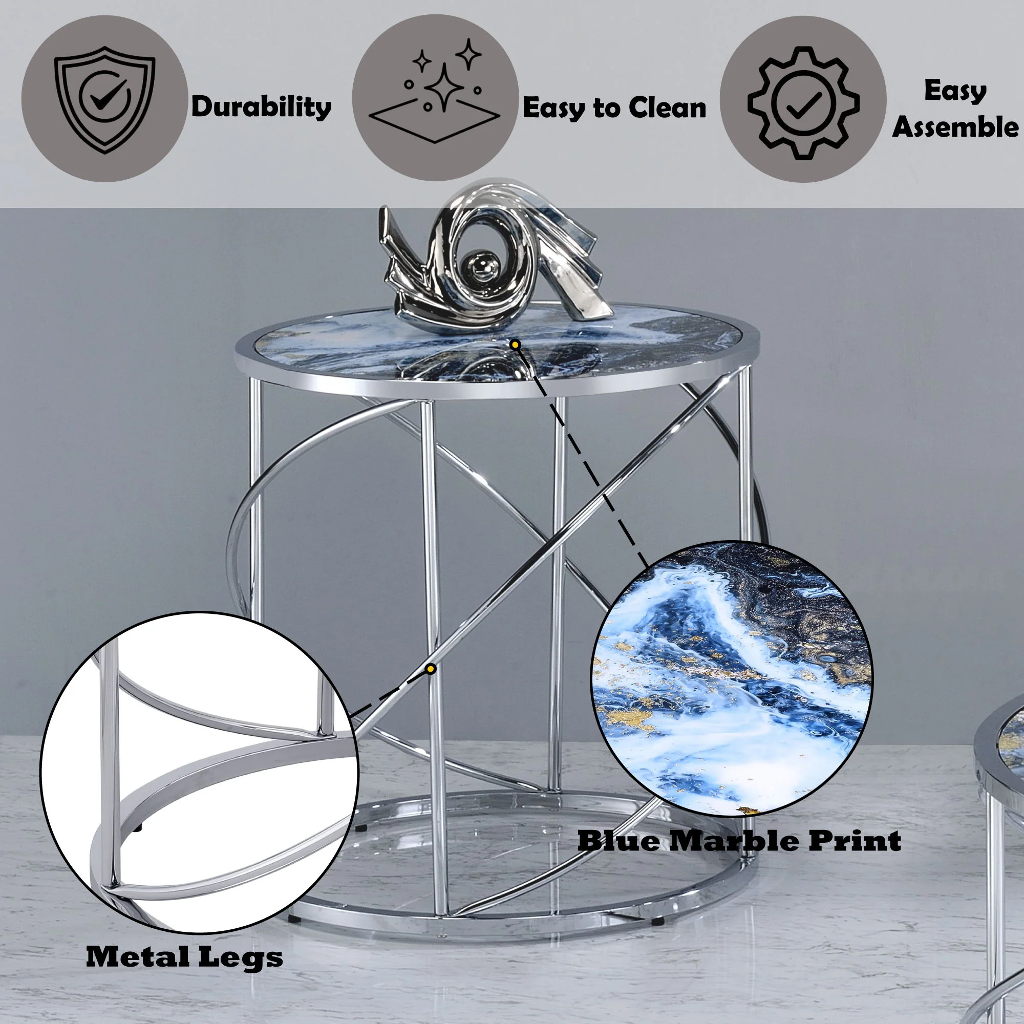 Lyda - Marble Print End Table - Blue - Image 3