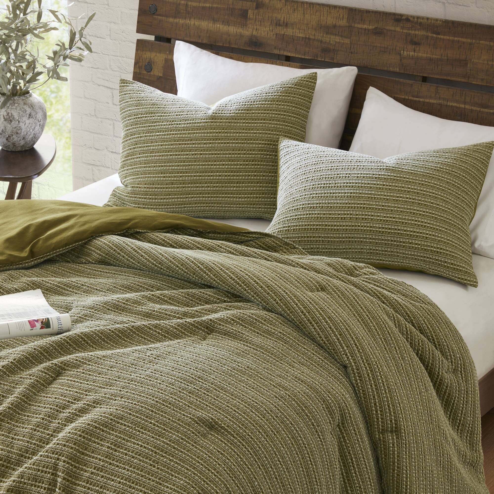 Lyon - 3 Piece Full/Queen Waffle Washed Comforter Set - Green - Image 2