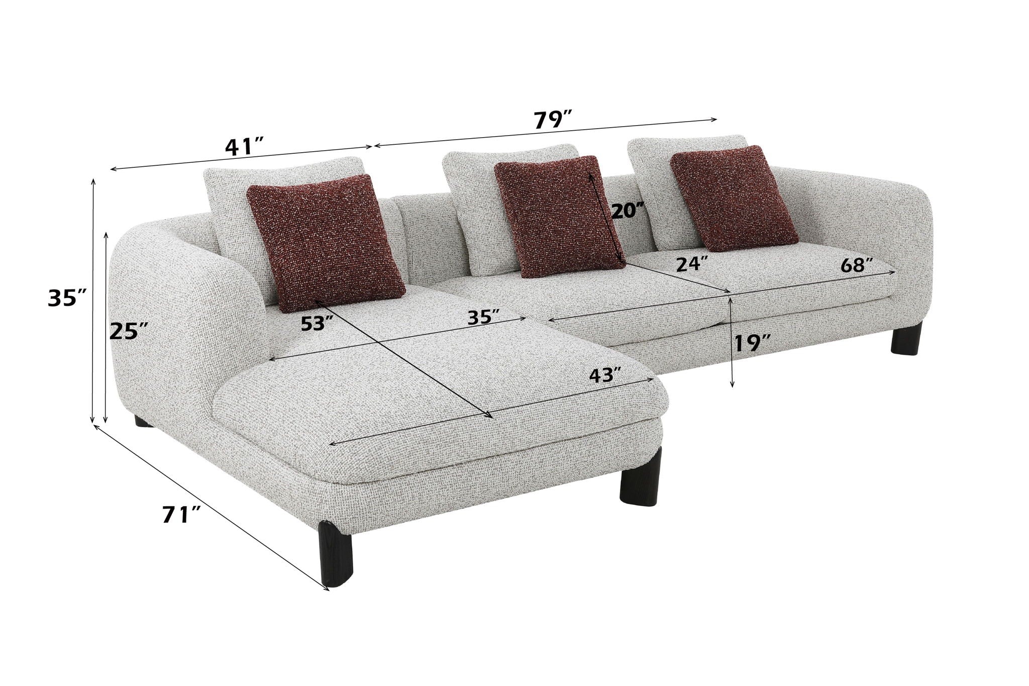 Mardi - Tweed Sectional Sofa With 3 Pillows - Maroon / Beige - Image 4