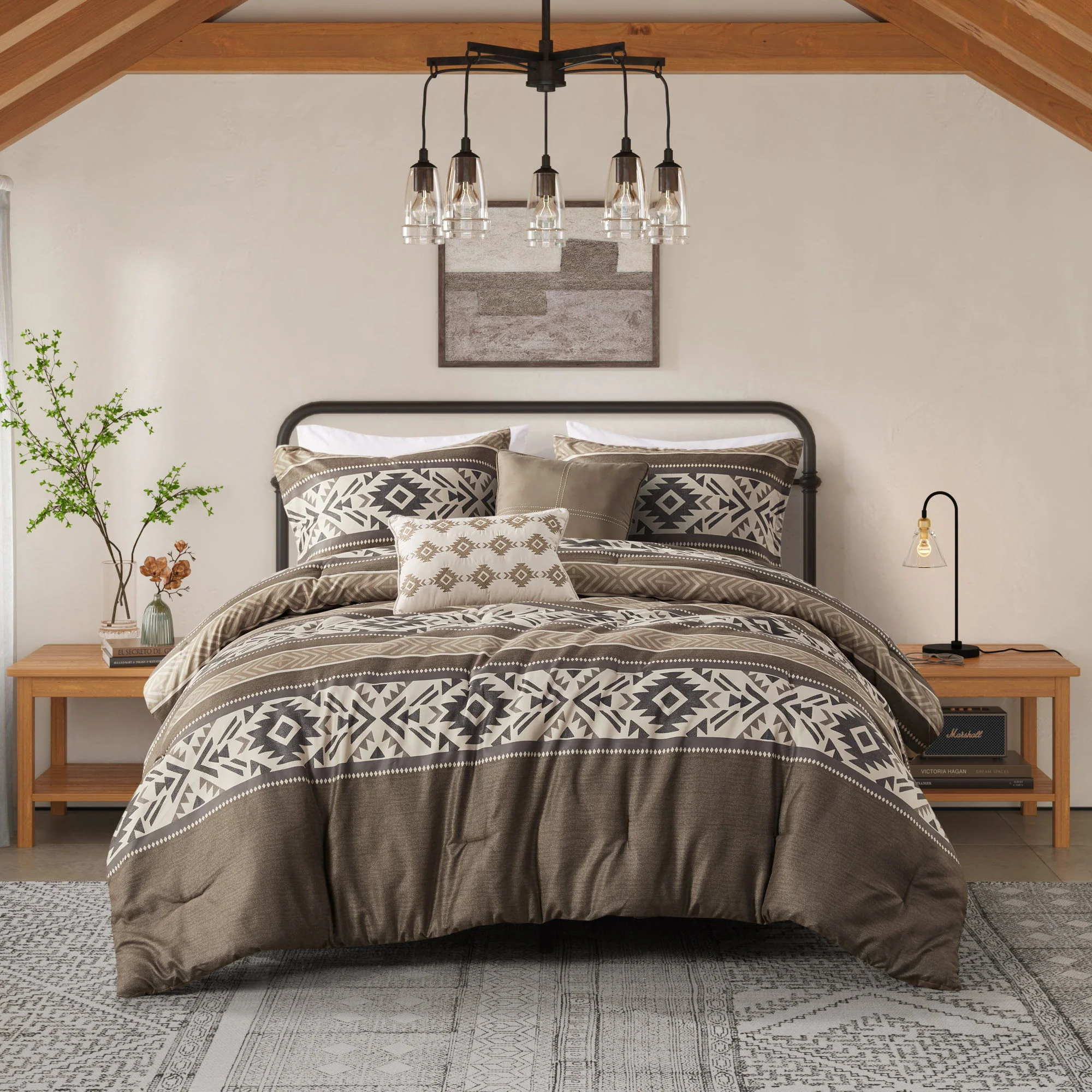 Mariposa - 5 Piece Full/Queen Stripe Herringbone Comforter Set With Throw Pillows - Brown - Image 3