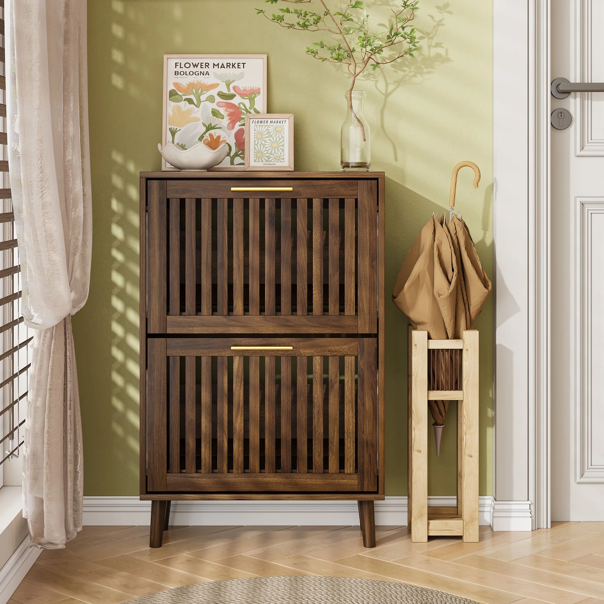 Medieval Modern Shoe Cabinet With 2 Flip Drawers And Fence Design - Image 5