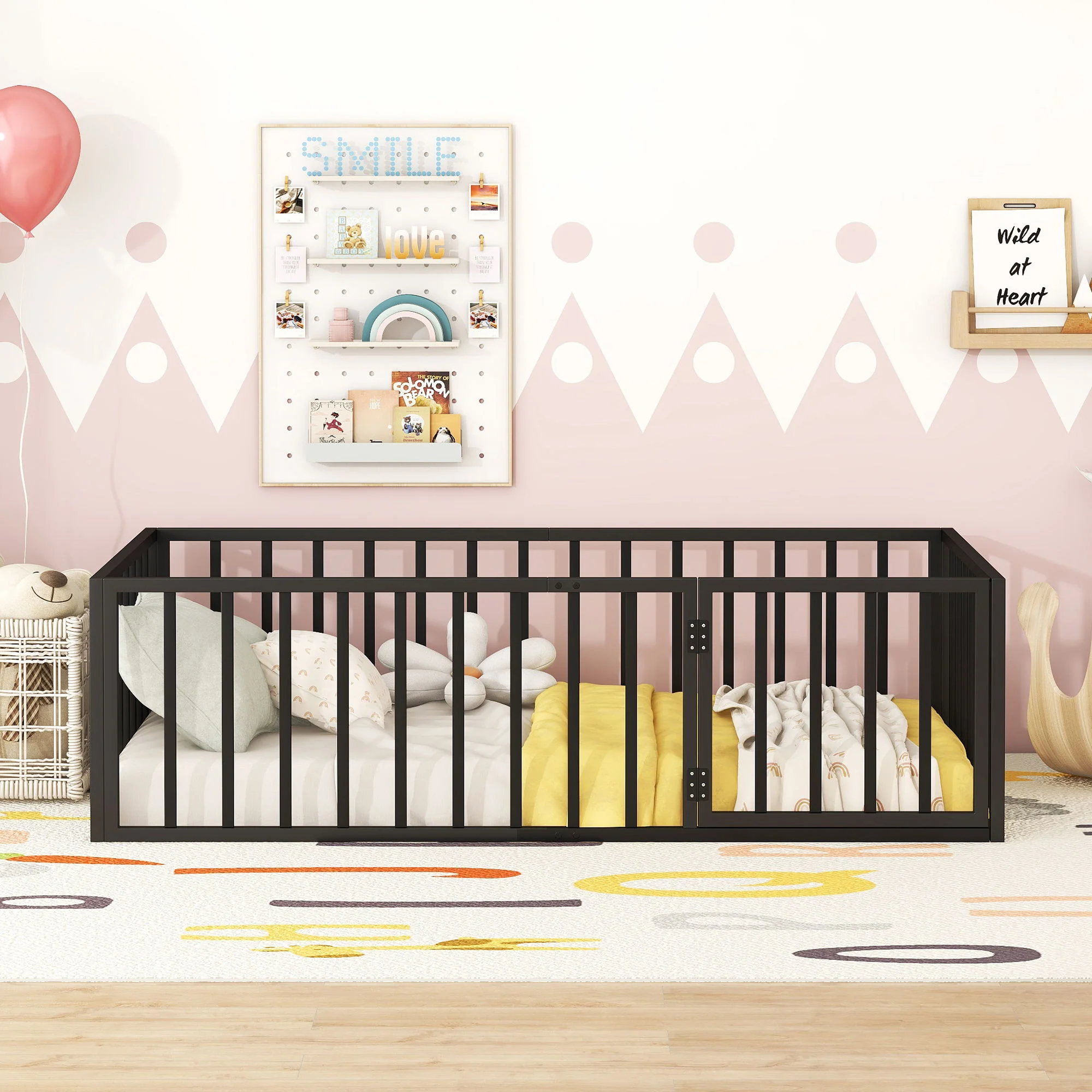 Metal Floor Bed Frame With Fence And Door - Image 30