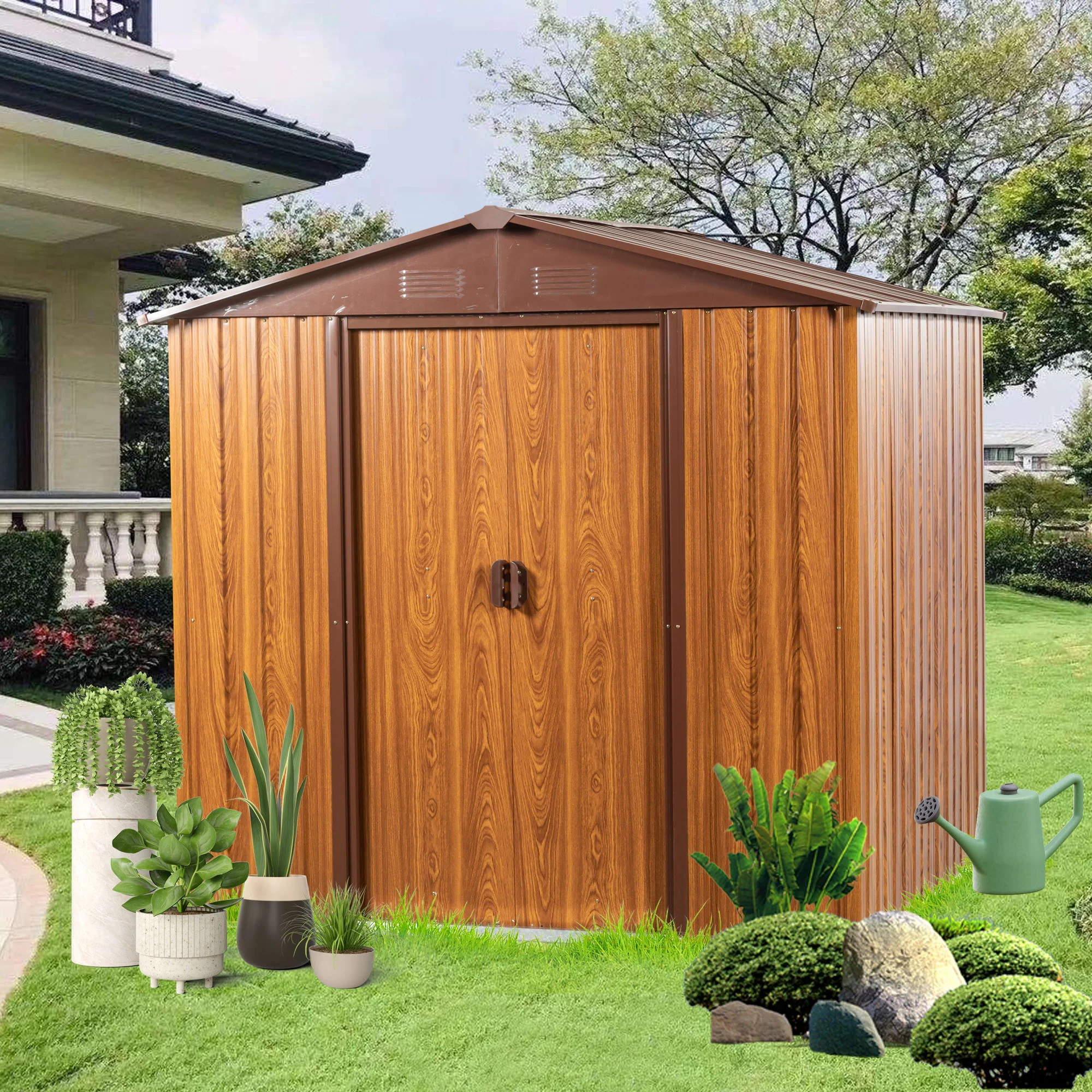 Metal Storage Shed Appealing Horizontal Siding In Woodgrain With Coffee Trim To Complement - Light Brown - Image 3