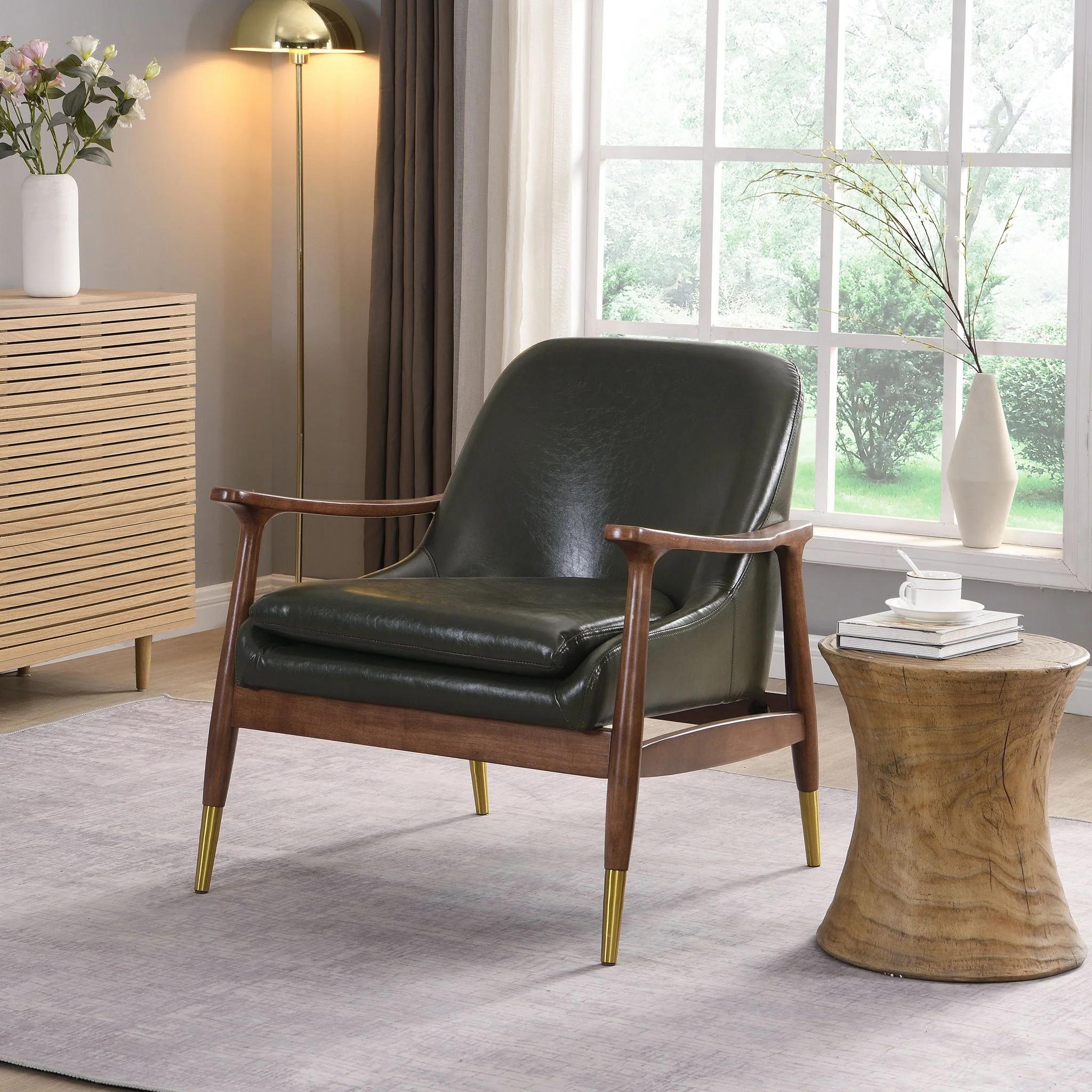 Mid - Century Accent Chair With Cushioned Seat, Brass Tipped Legs - Image 14