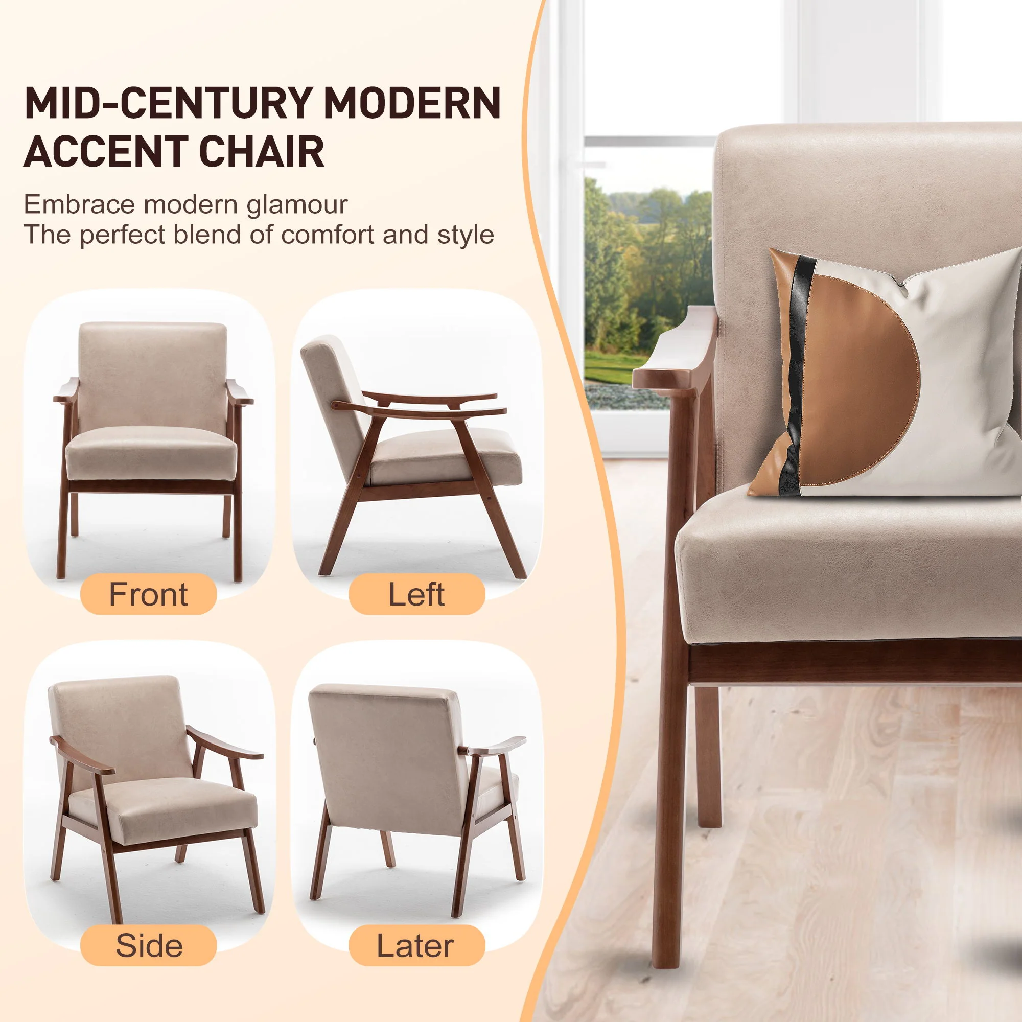 Mid Century Modern Accent Chair With Solid Wood Frame And Extra Thick Backrest - Image 13