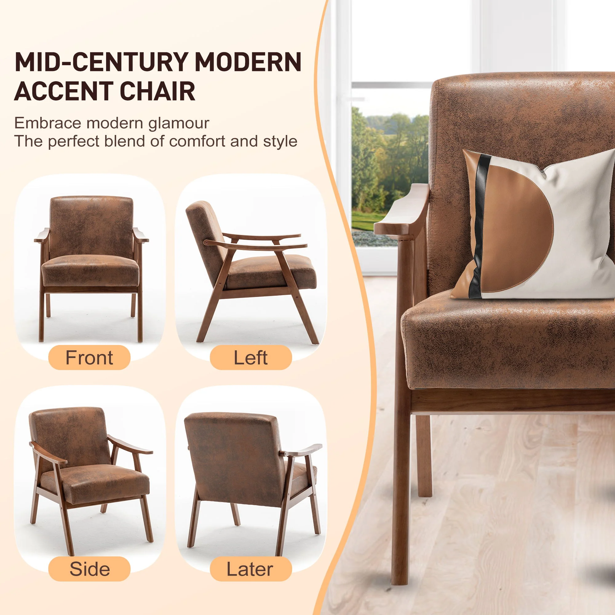 Mid Century Modern Accent Chair With Solid Wood Frame And Extra Thick Backrest - Image 17