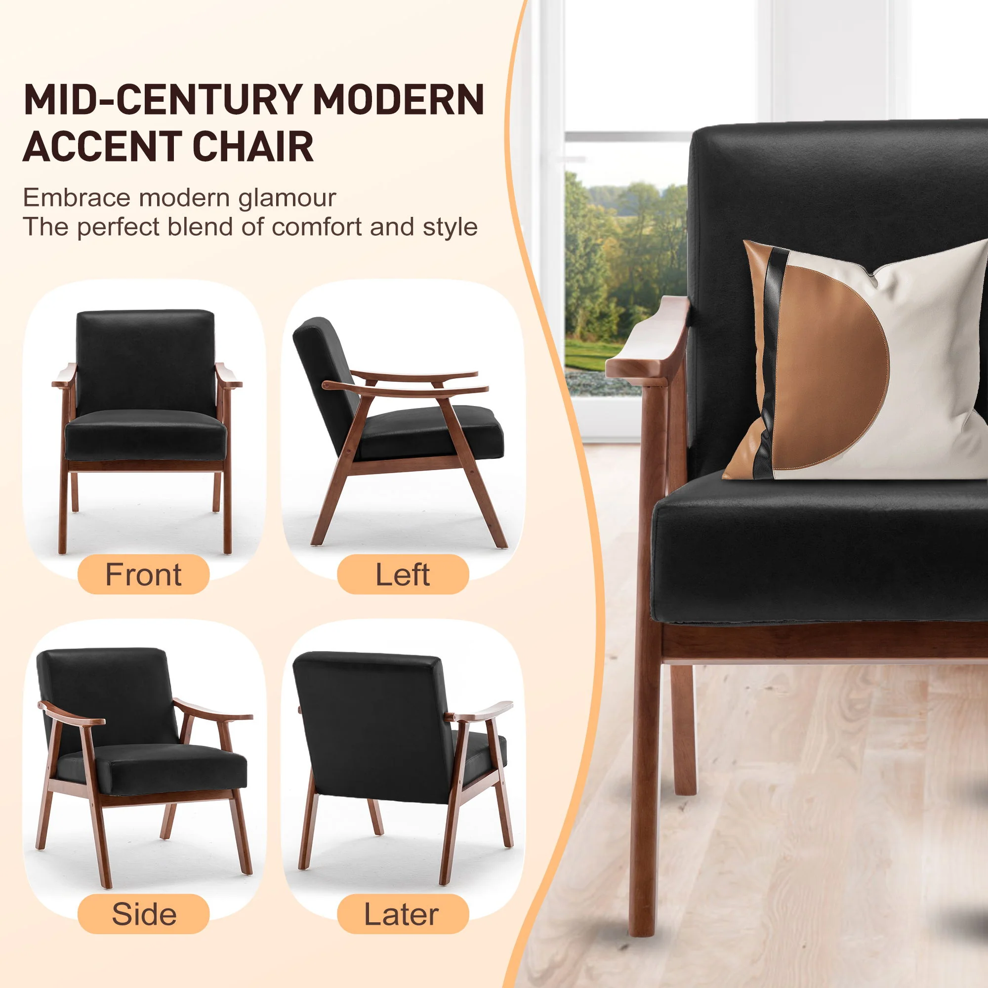 Mid Century Modern Accent Chair With Solid Wood Frame And Extra Thick Backrest - Image 9