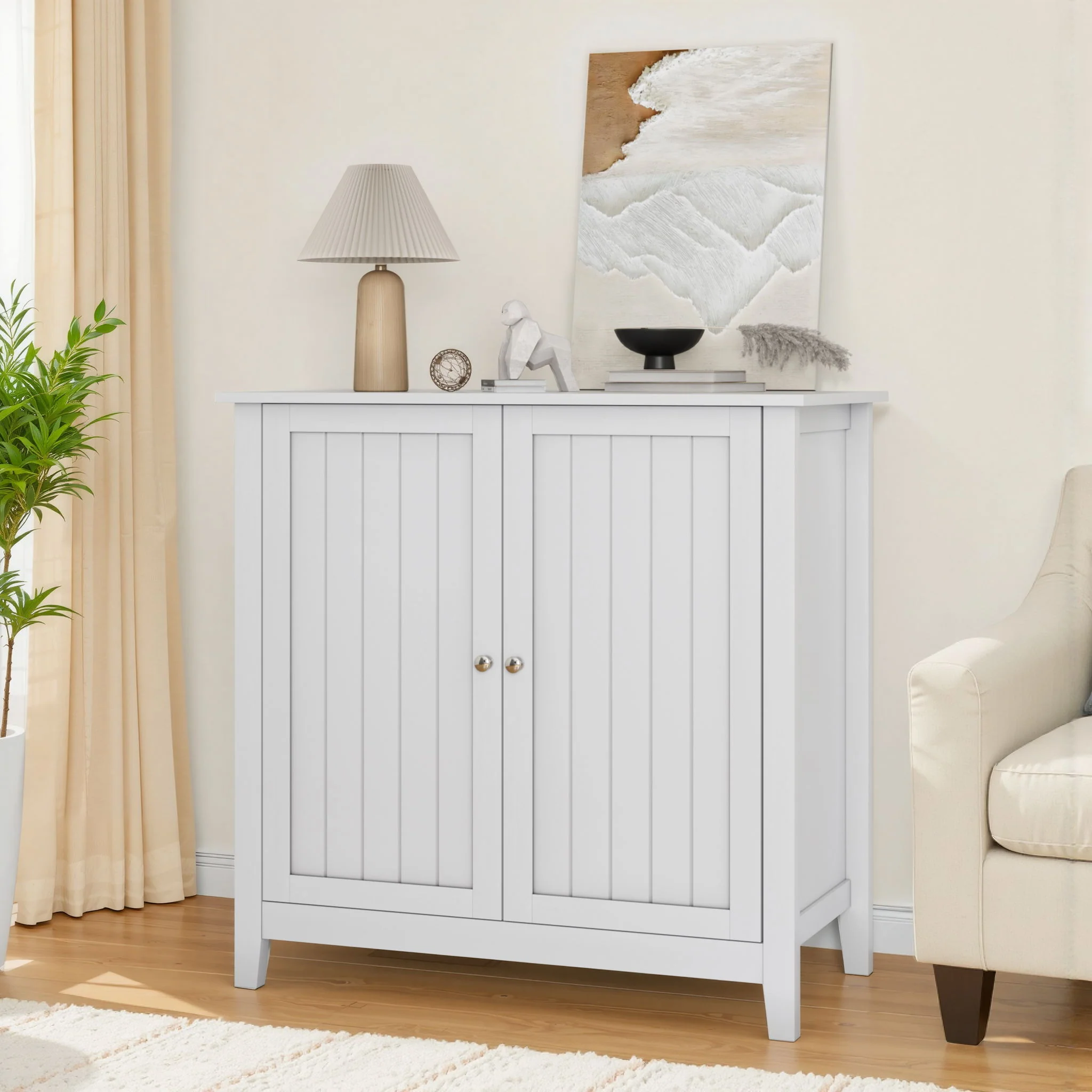 Mid Century Modern Double Door Storage Cabinet With Knobs - White - Image 3