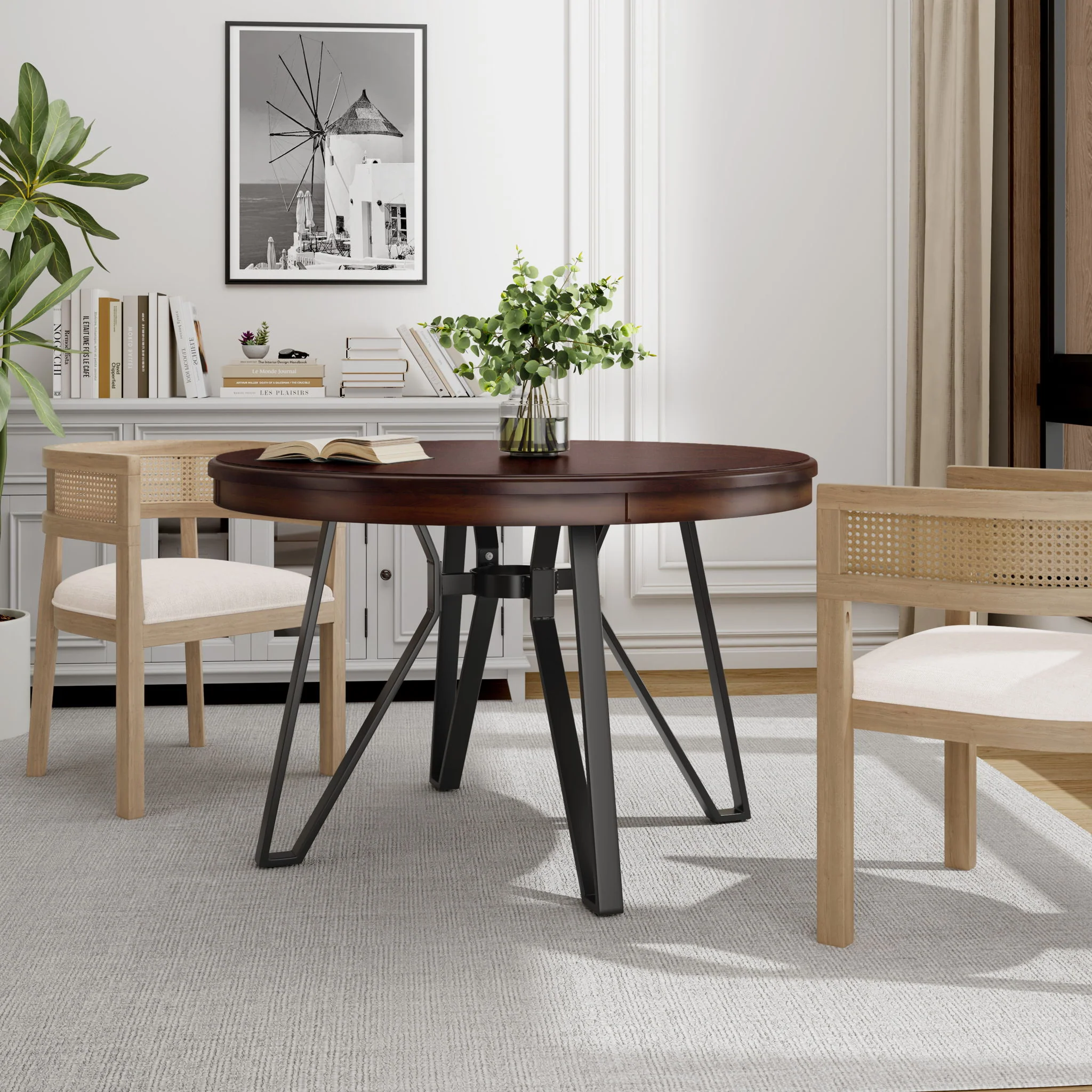 Mid Century Modern Round Dining Table With Metal Legs And Open Shelf - Image 3