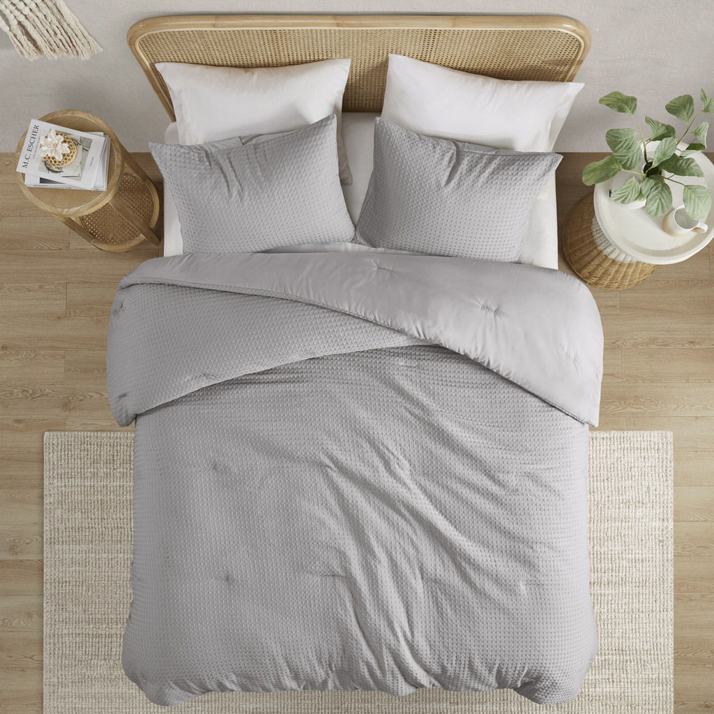 Mina - Twin/Twin Long Waffle Weave Textured Duvet Cover Set - Light Gray - Image 2
