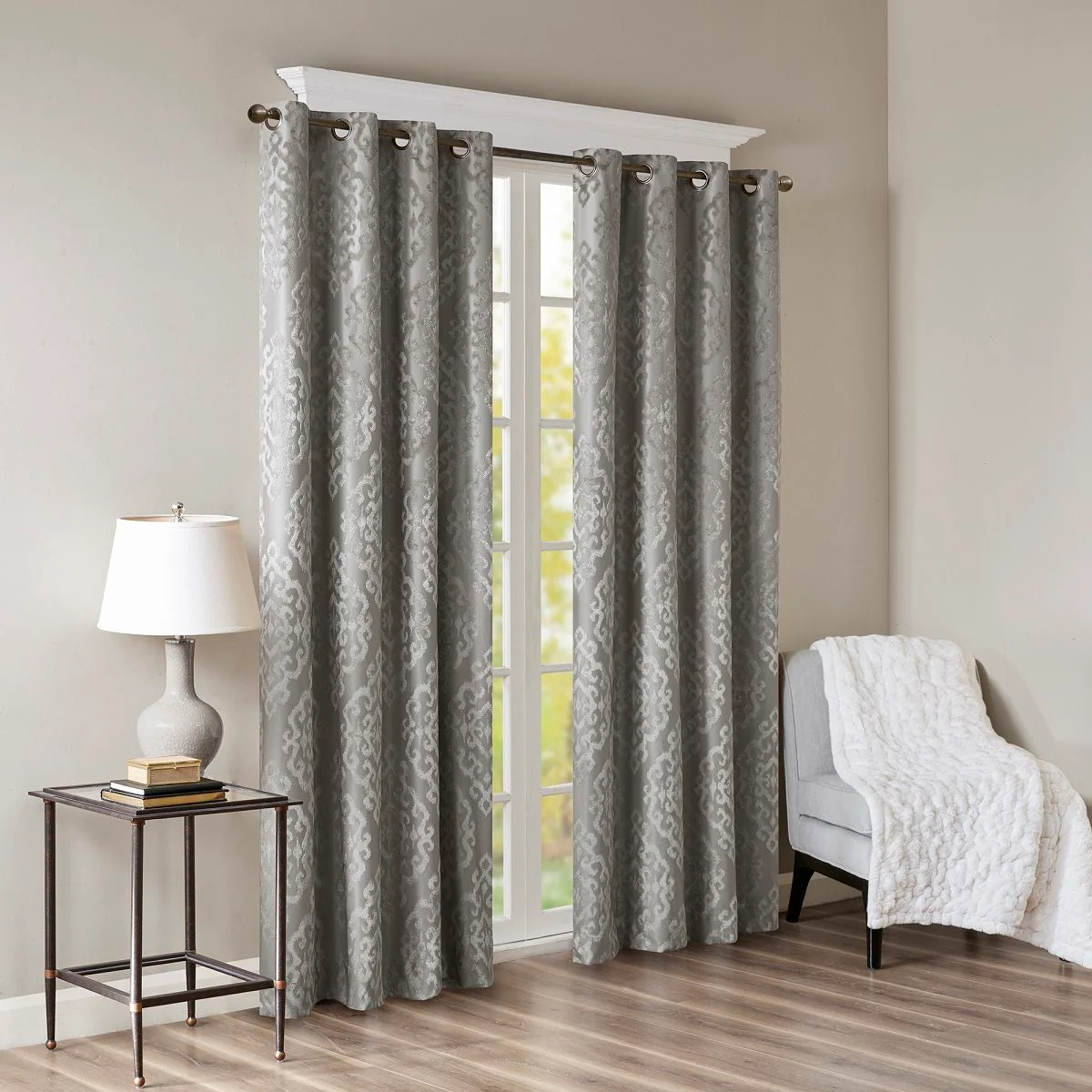 Mirage - 84" Knitted Damask Total Blackout Grommet Top Curtain Panel - Charcoal - Image 3