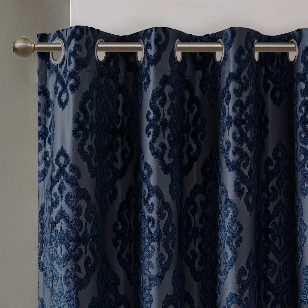 Mirage - 95" Knitted Damask Total Blackout Grommet Top Curtain Panel - Navy - Image 3