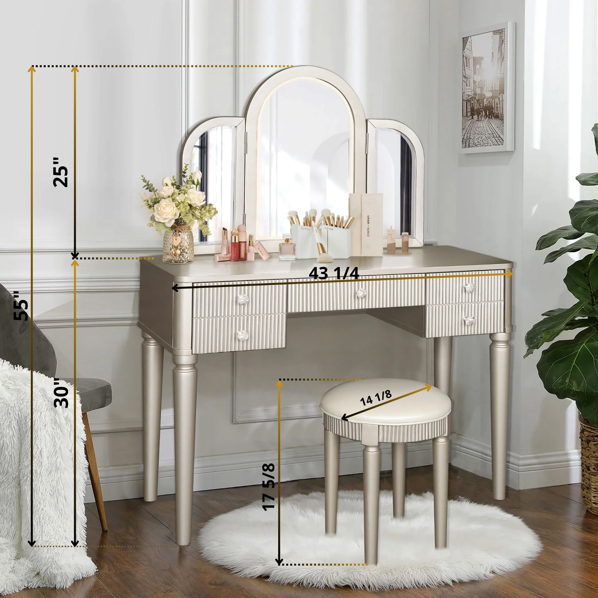 Mirrored Makeup Vanity Table Set With Adjustable Lighting And Storage - Image 4