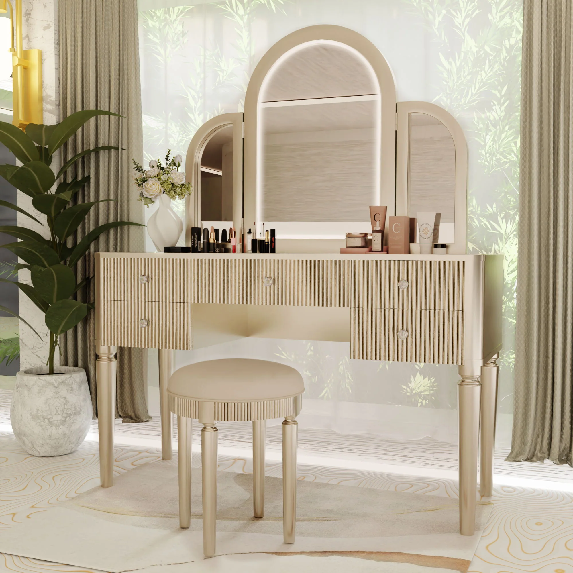Mirrored Makeup Vanity Table Set With Adjustable Lighting And Storage - Image 6