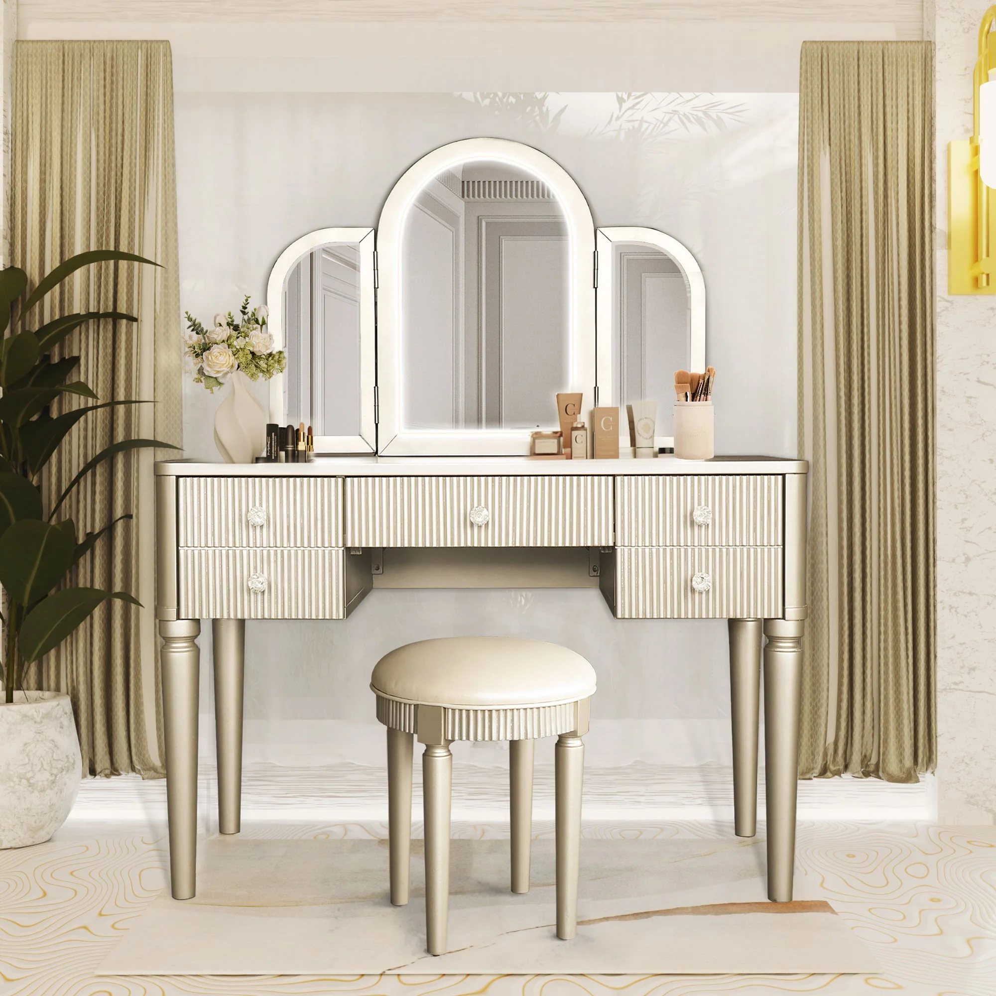 Mirrored Makeup Vanity Table Set With Adjustable Lighting And Storage - Image 8