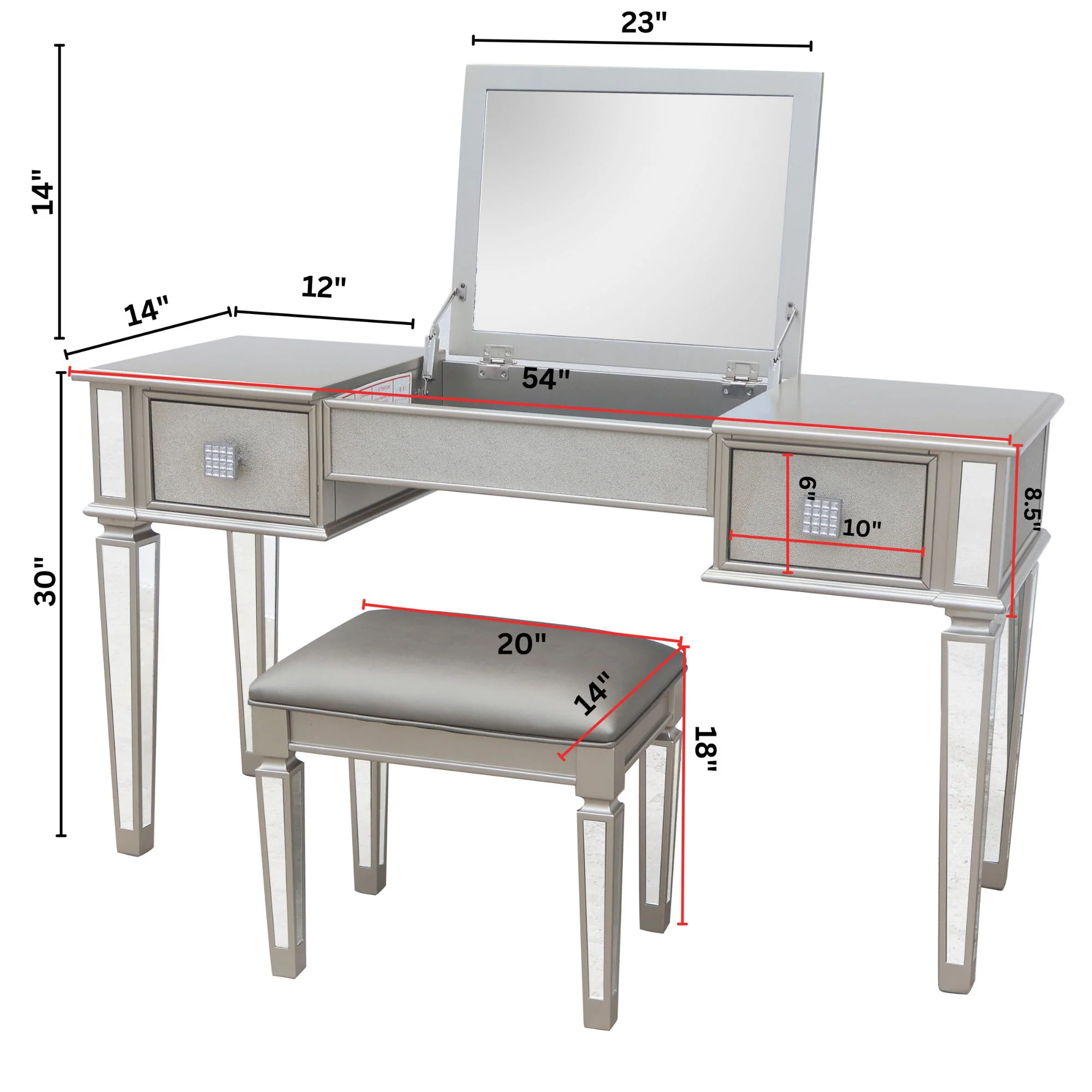 Mirrored Vanity Desk With Drawers And Stool, Flip Up Dressing Table Set For Makeup Room - Image 6