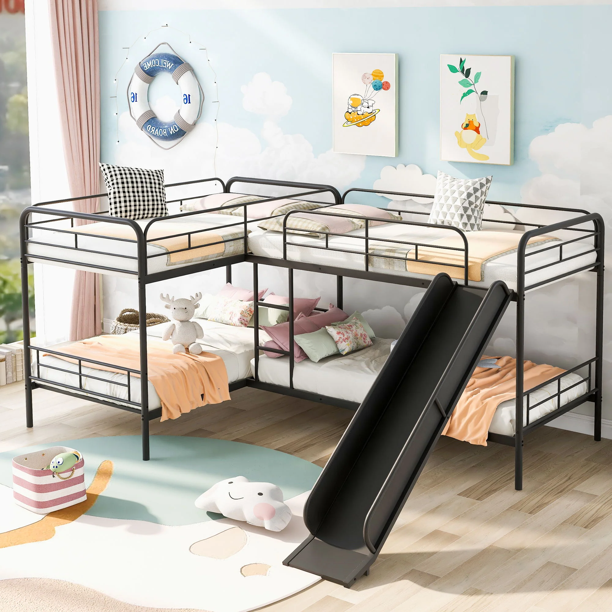 Mission Style Twin Size L-Shaped Bunk Bed With Slide And Ladder - Black - Image 4
