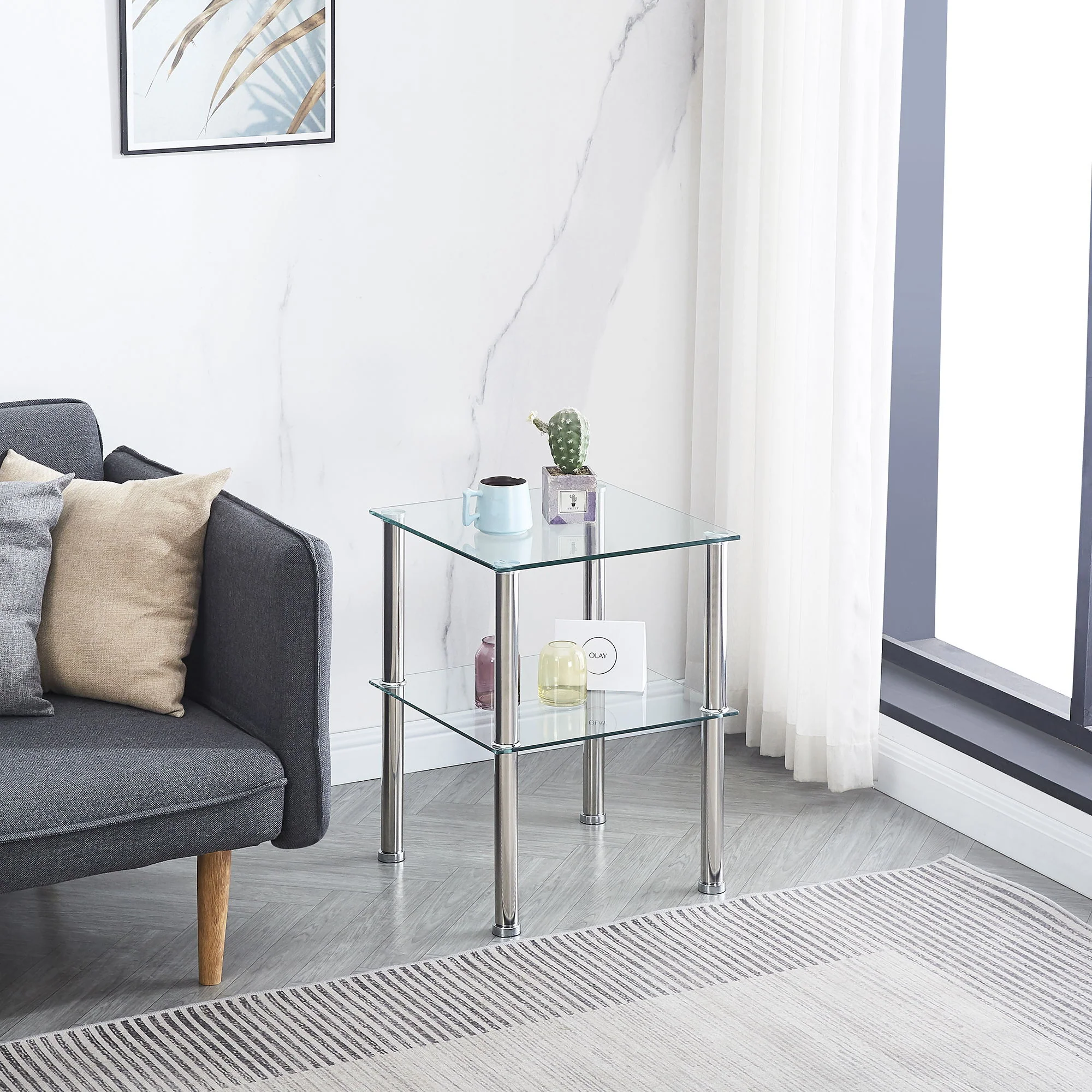 Modern 2 Piece Side Table With Storage Shelf, Tempered Glass, Space Saving Design - Clear - Image 2