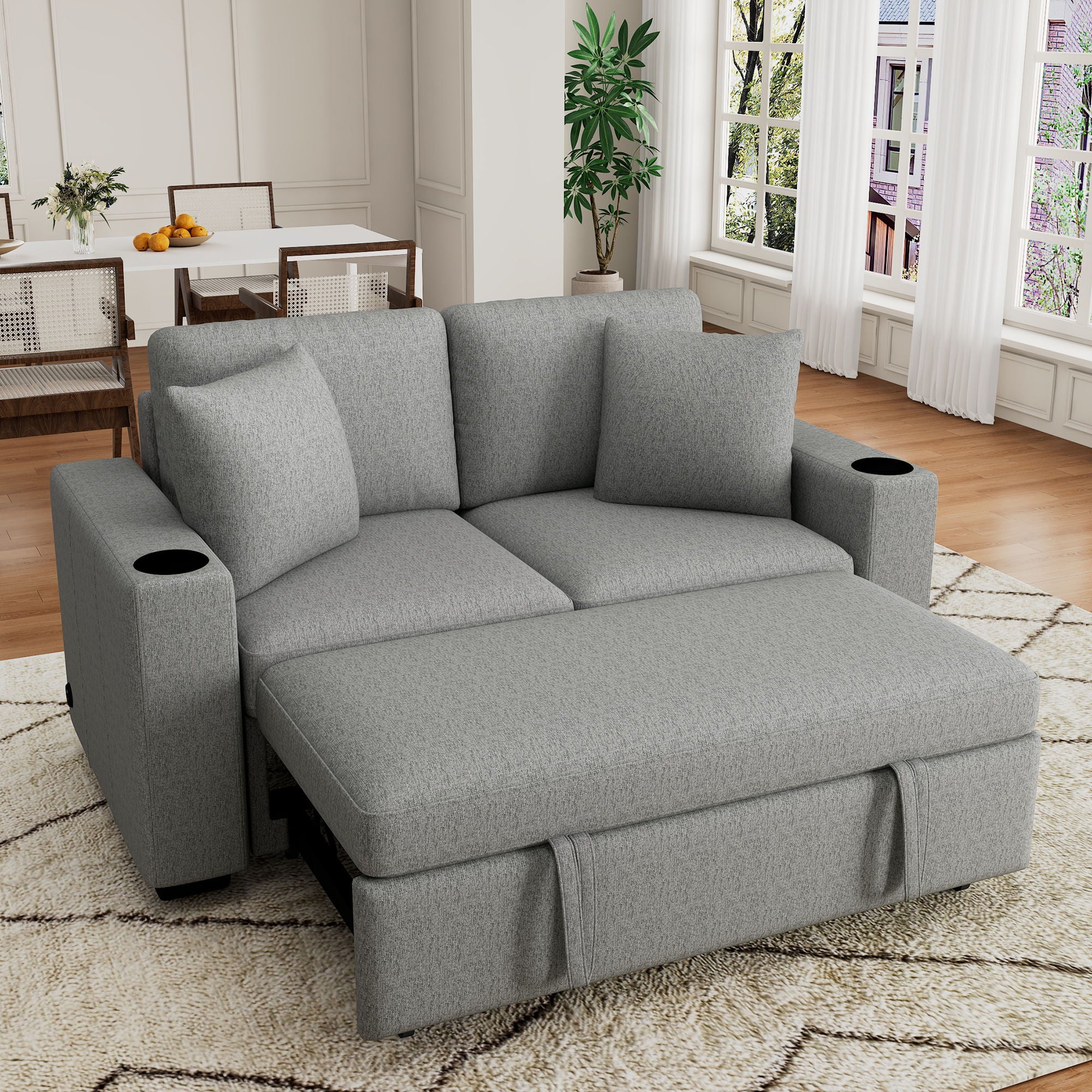 Modern 2 Seater Loveseat Sofa With Pull-Out Bed, Fabric, Built-In USB Ports & Cup Holders - Image 3