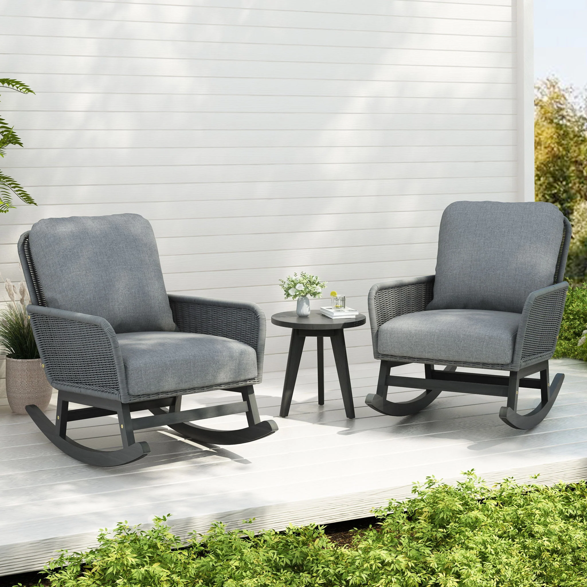 Modern 3 Piece Outdoor Seating Set With Cushioned Rattan Rocking Chairs And Wooden Accent Table - Image 5