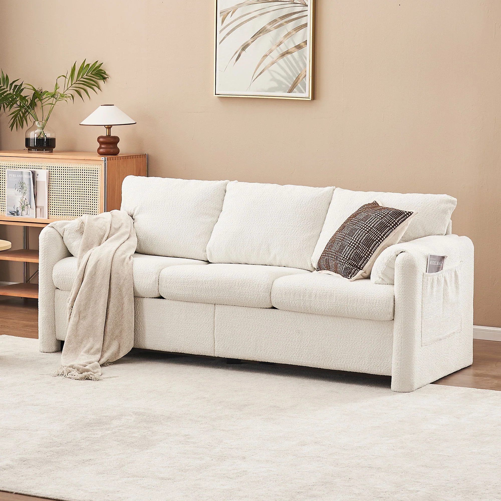 Modern 3 Seater Sofa Chenille Couch Plush Triple Seater Sofa With High Density Foam Cushions, Deep Seat Living Room Couch For Family Room, Apartment & Home Theater - Ivory White - Image 3